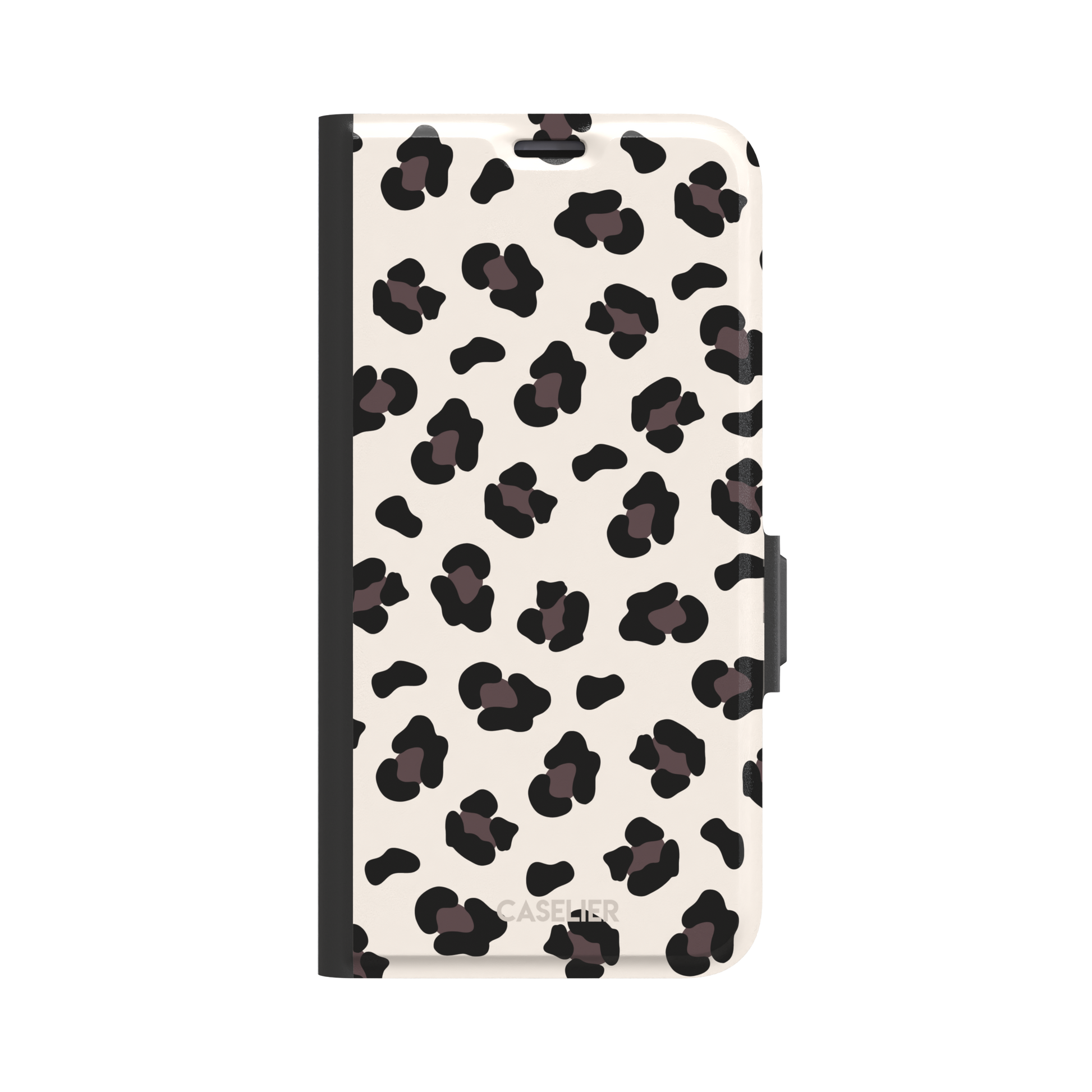 Leopard print phone case in black and dark brown spots on warm cream background, color variant, phone case by Caselier — wallet case, front view