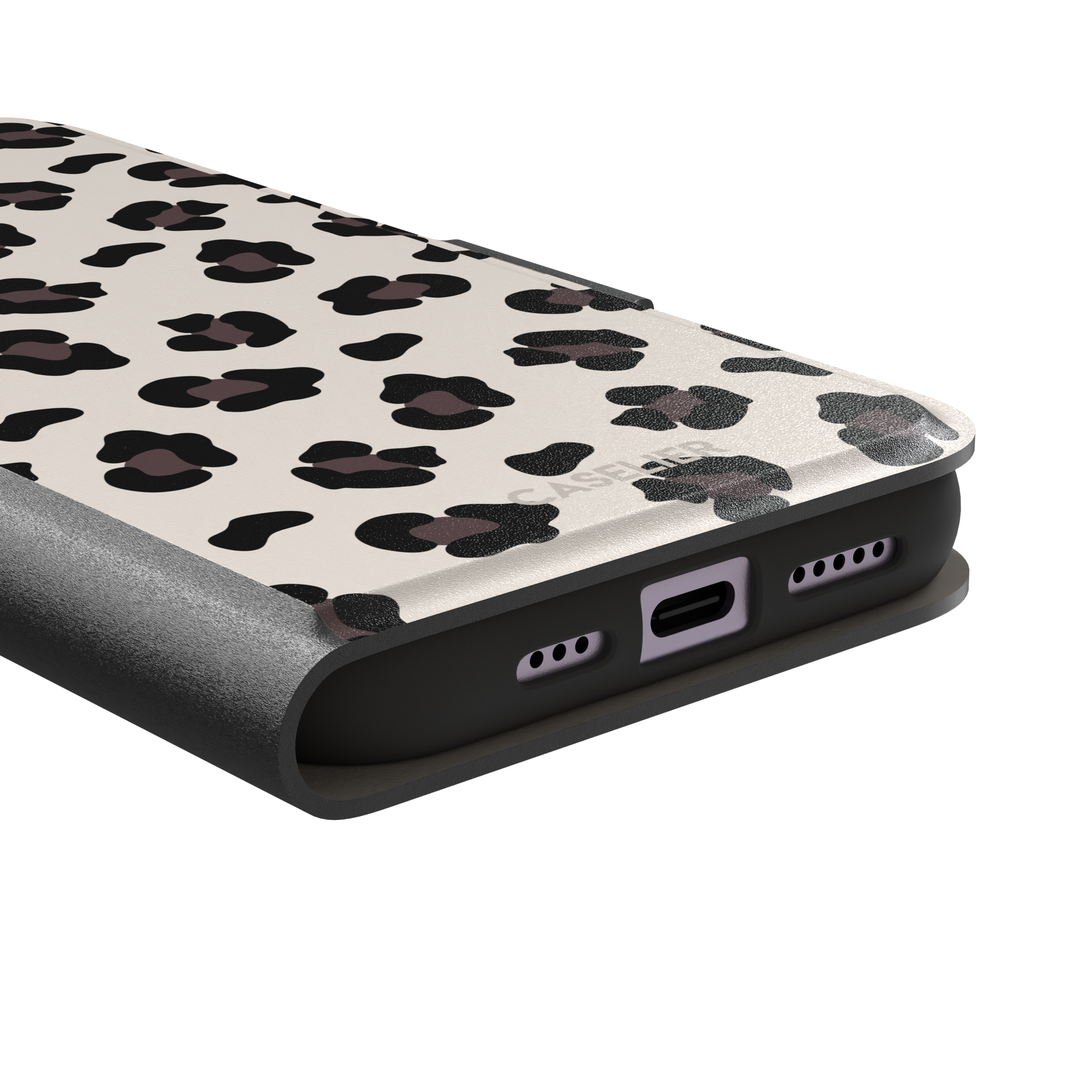 Leopard print phone case in black and dark brown spots on warm cream background, color variant, phone case by Caselier — wallet case, charging port detail