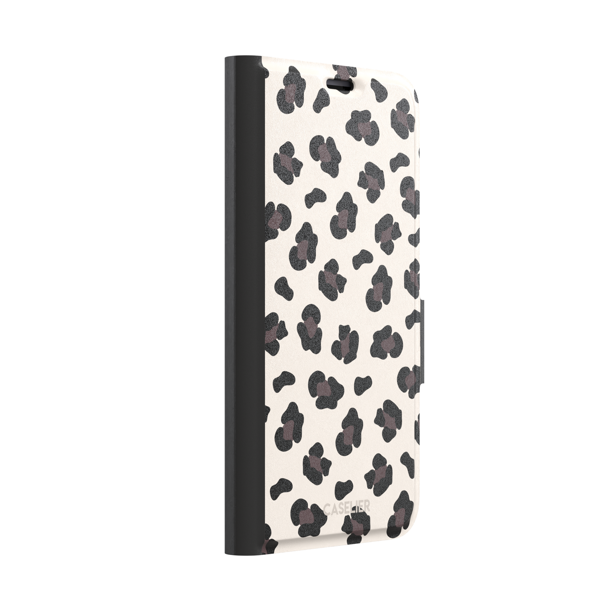 Leopard print phone case in black and dark brown spots on warm cream background, color variant, phone case by Caselier — wallet case, left view