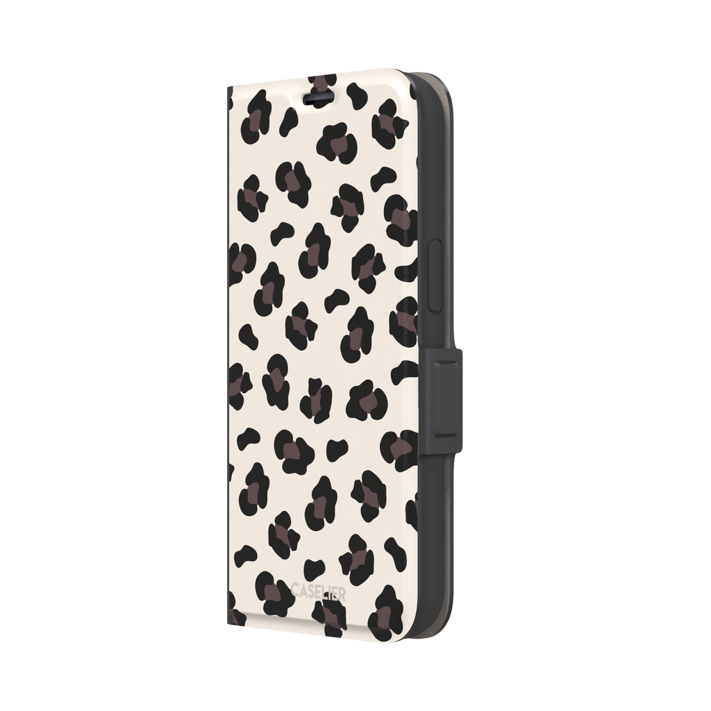 Leopard print phone case in black and dark brown spots on warm cream background, color variant, phone case by Caselier — wallet case, right view