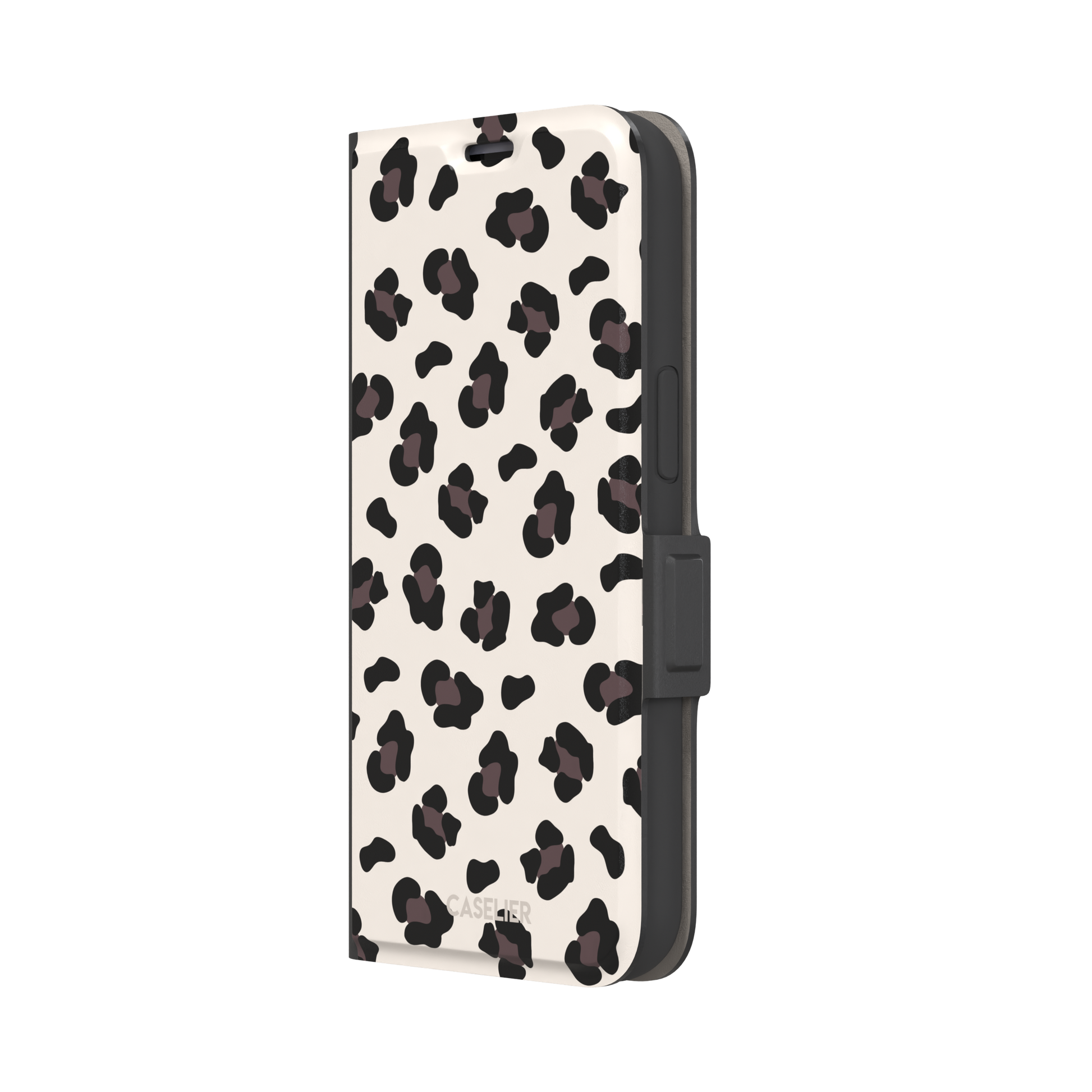 Leopard print phone case in black and dark brown spots on warm cream background, color variant, phone case by Caselier — wallet case, right view