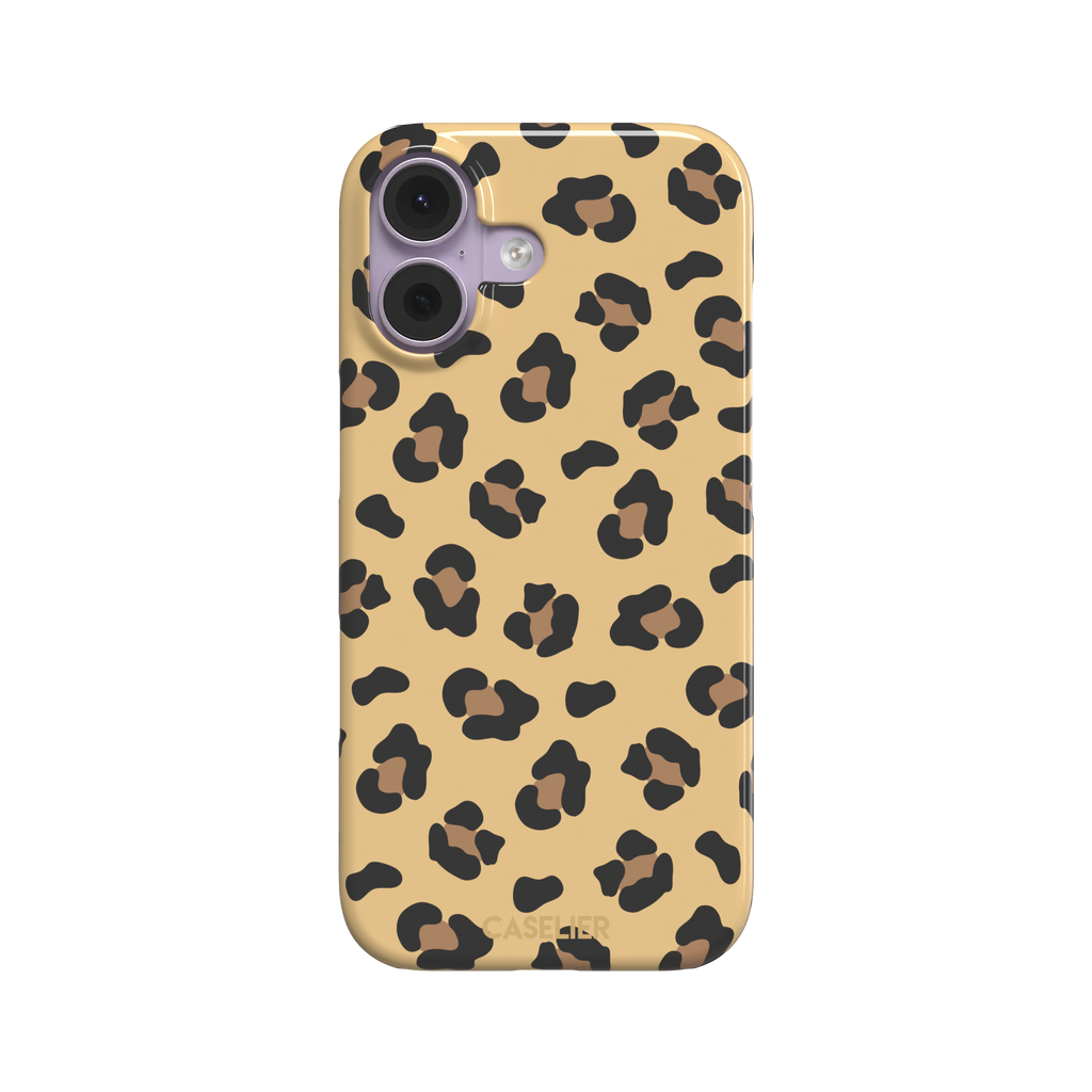 Leopard print phone case in black and brown spots on sandy golden-yellow background, color variant, phone case by Caselier — snap case, front view