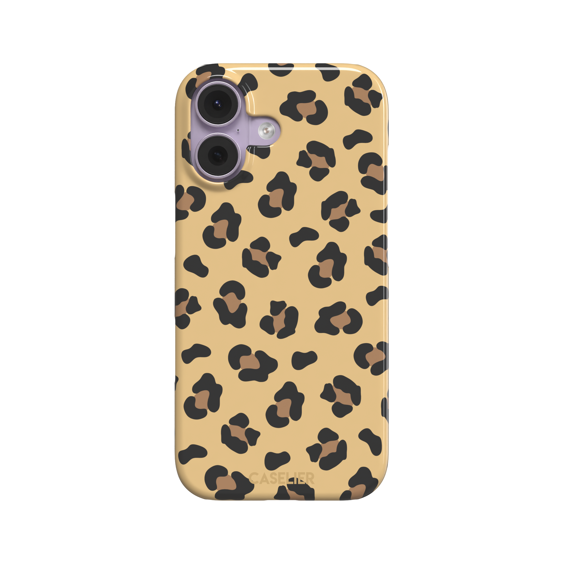 Leopard print phone case in black and brown spots on sandy golden-yellow background, color variant, phone case by Caselier — snap case, front view