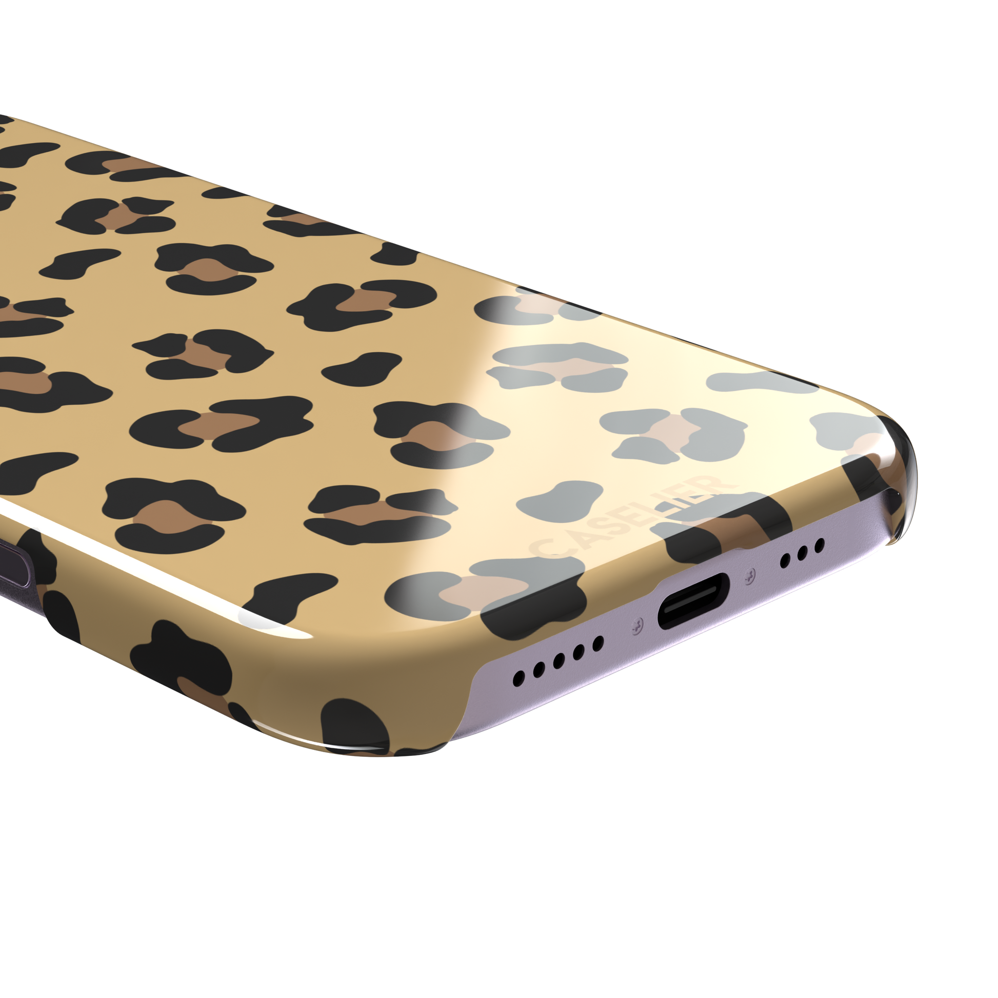 Leopard print phone case in black and brown spots on sandy golden-yellow background, color variant, phone case by Caselier — snap case, charging port detail