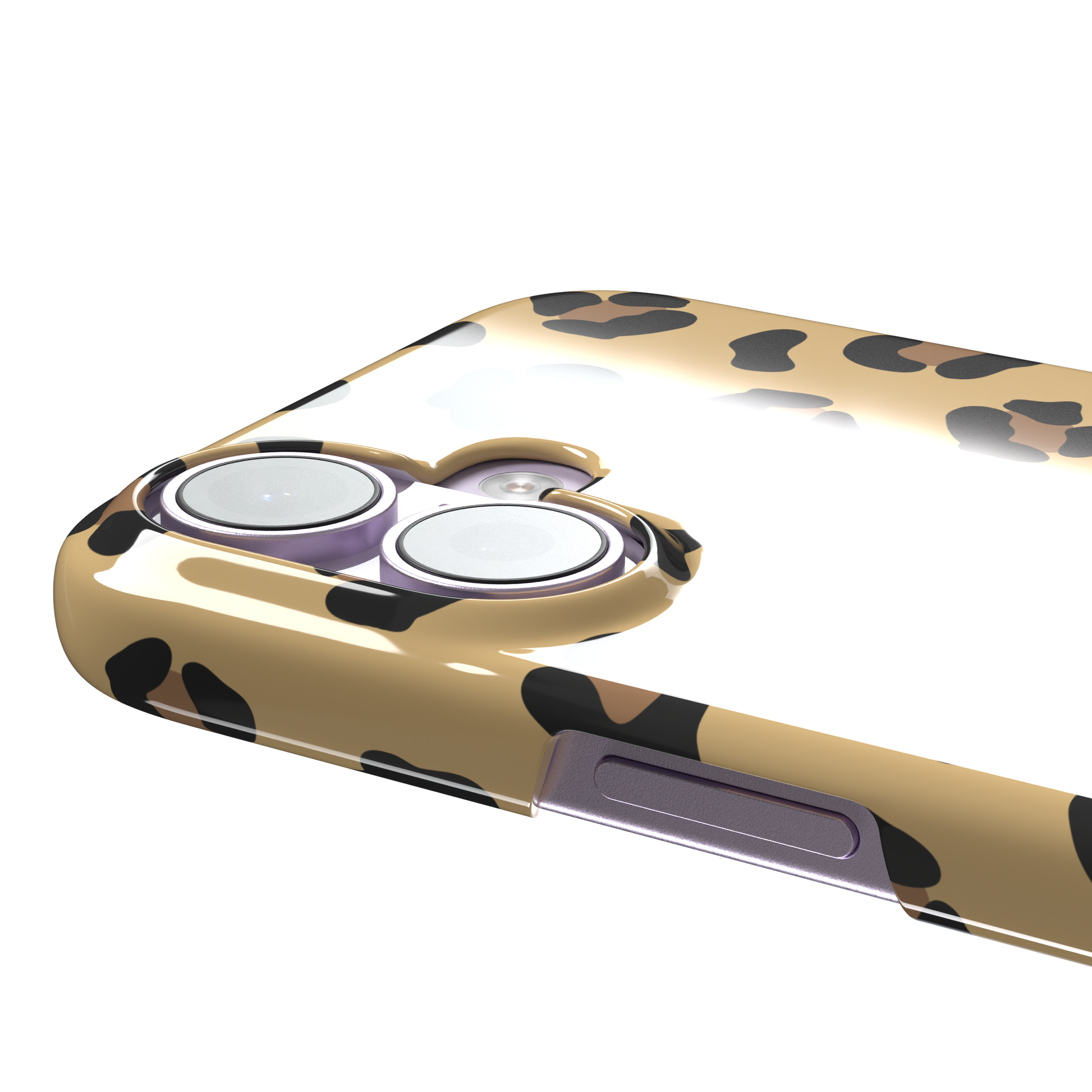 Leopard print phone case in black and brown spots on sandy golden-yellow background, color variant, phone case by Caselier — snap case, volume buttons detail