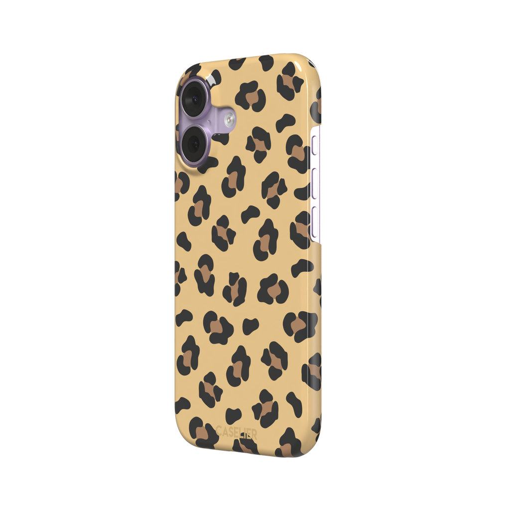 Leopard print phone case in black and brown spots on sandy golden-yellow background, color variant, phone case by Caselier — snap case, right view
