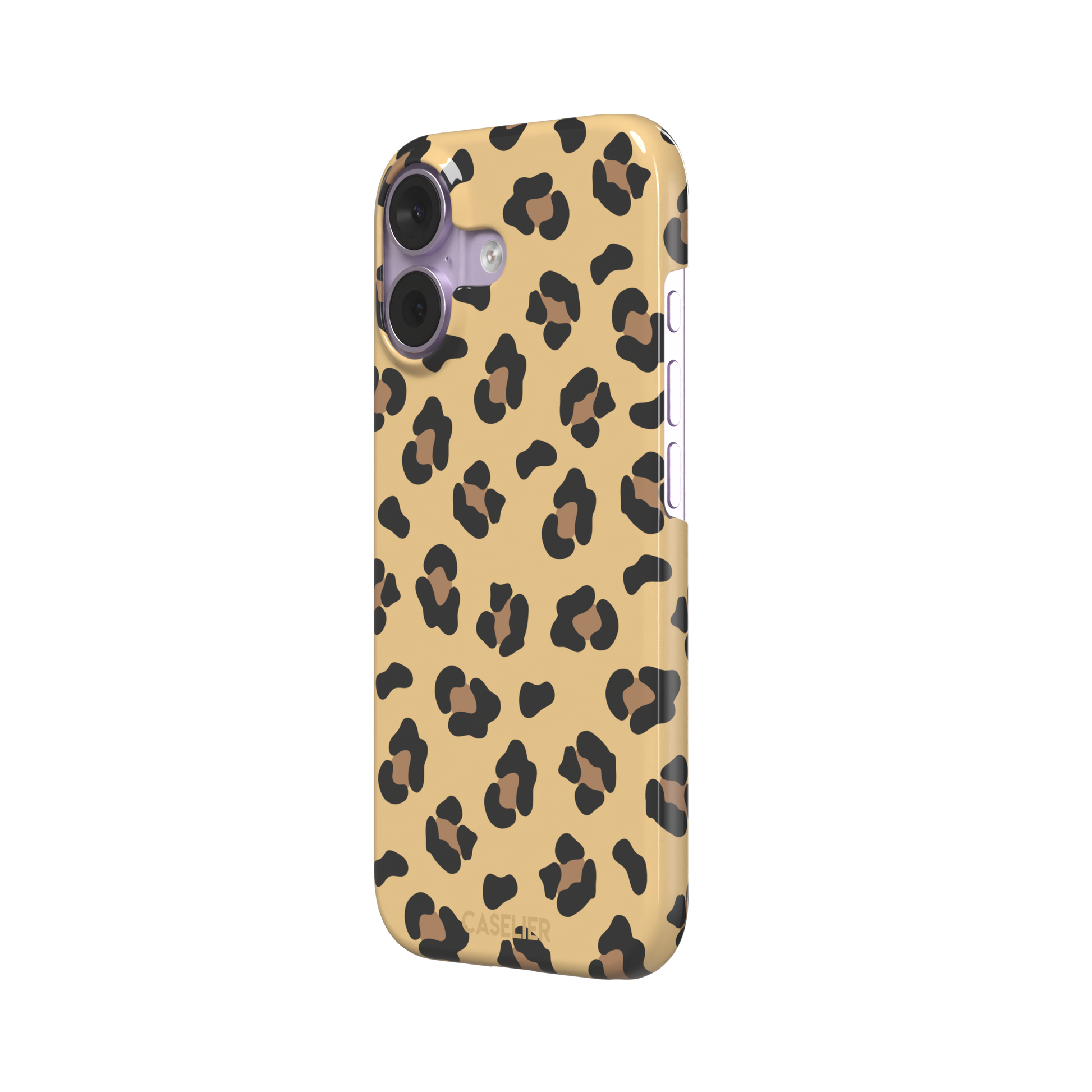 Leopard print phone case in black and brown spots on sandy golden-yellow background, color variant, phone case by Caselier — snap case, right view