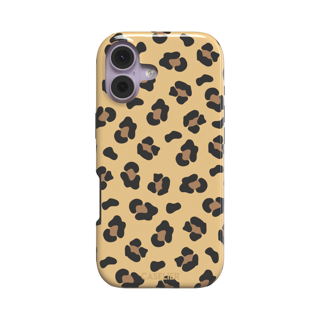 Leopard print phone case in black and brown spots on sandy golden-yellow background, color variant, phone case by Caselier — tough case, front view