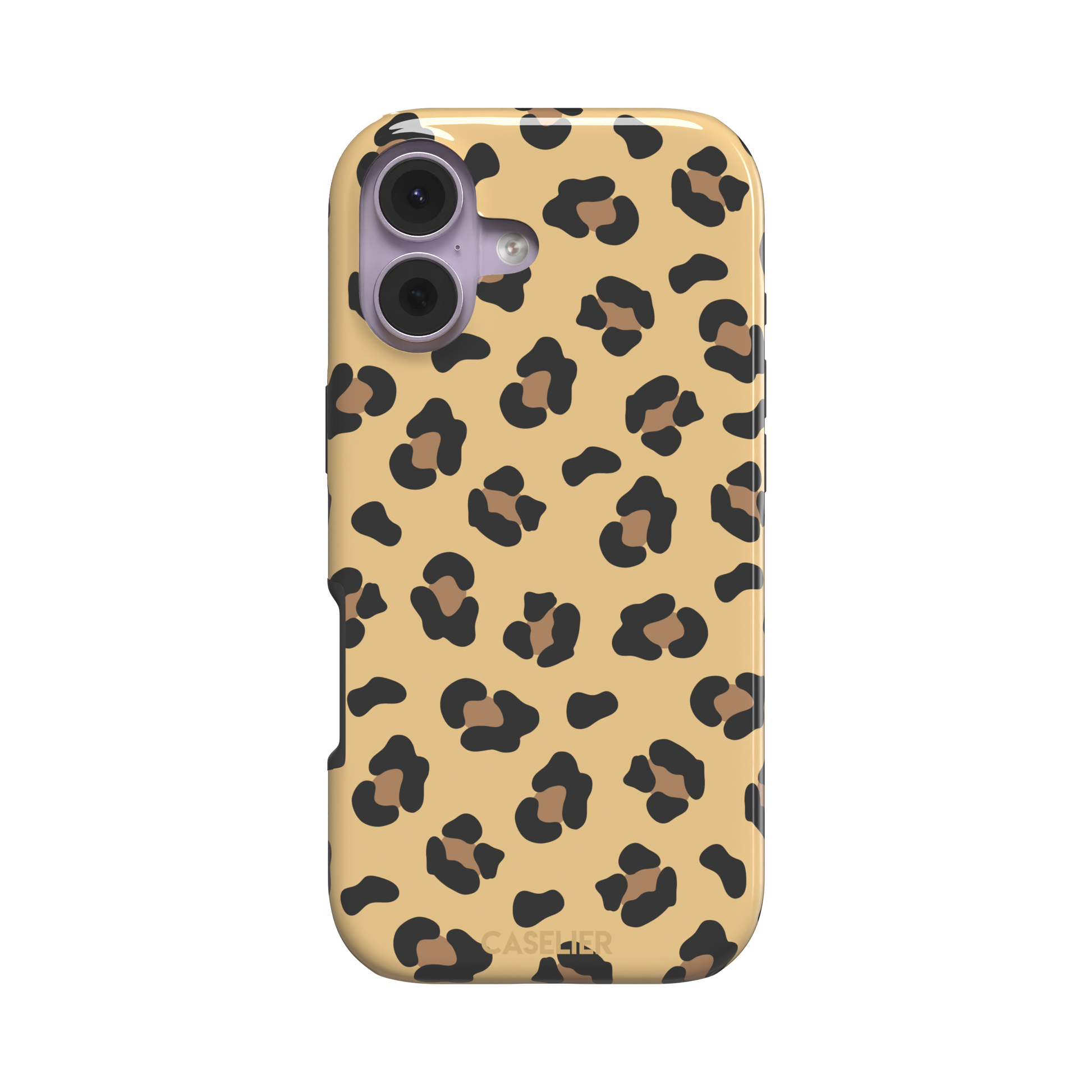 Leopard print phone case in black and brown spots on sandy golden-yellow background, color variant, phone case by Caselier — tough case, front view