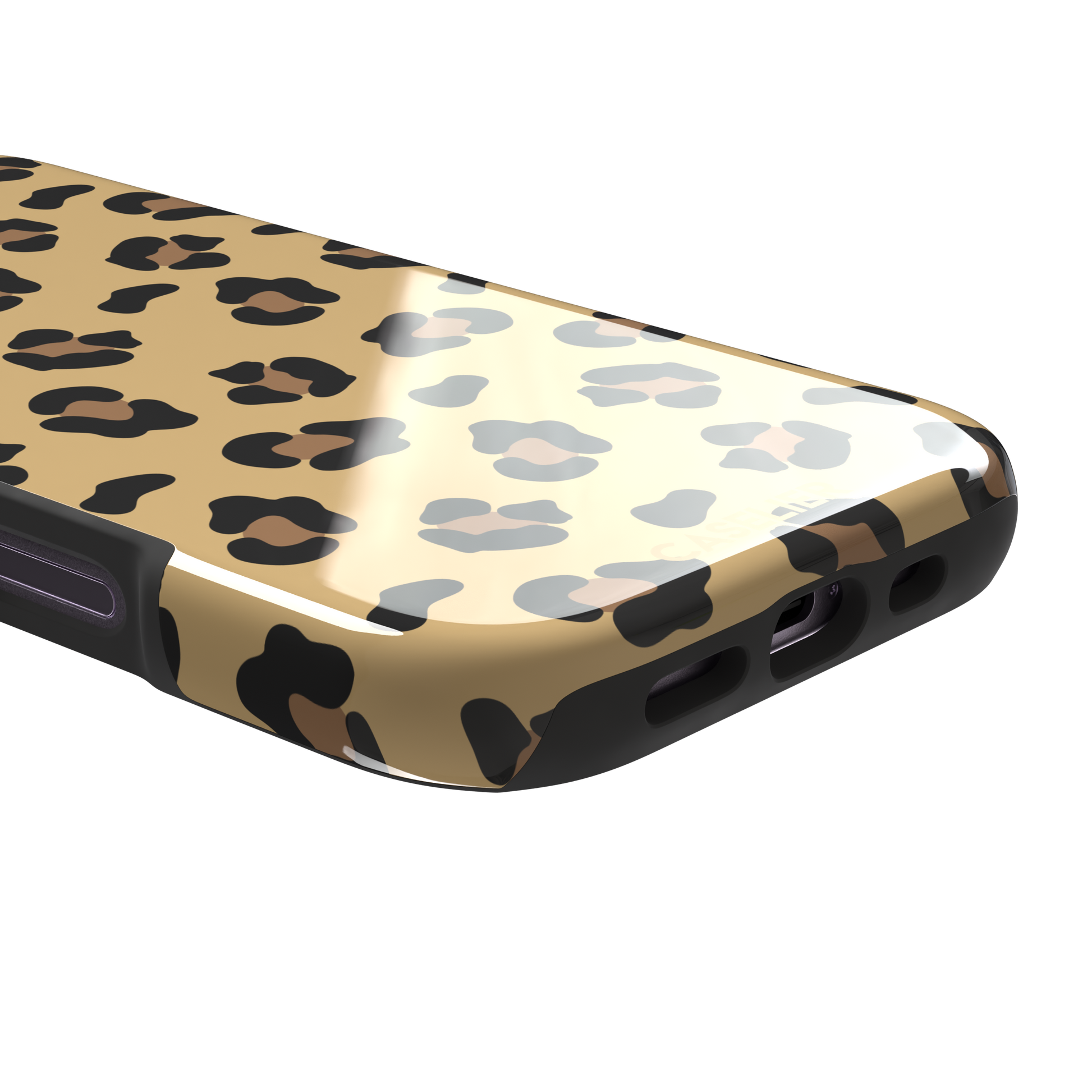 Leopard print phone case in black and brown spots on sandy golden-yellow background, color variant, phone case by Caselier — tough case, charging port detail