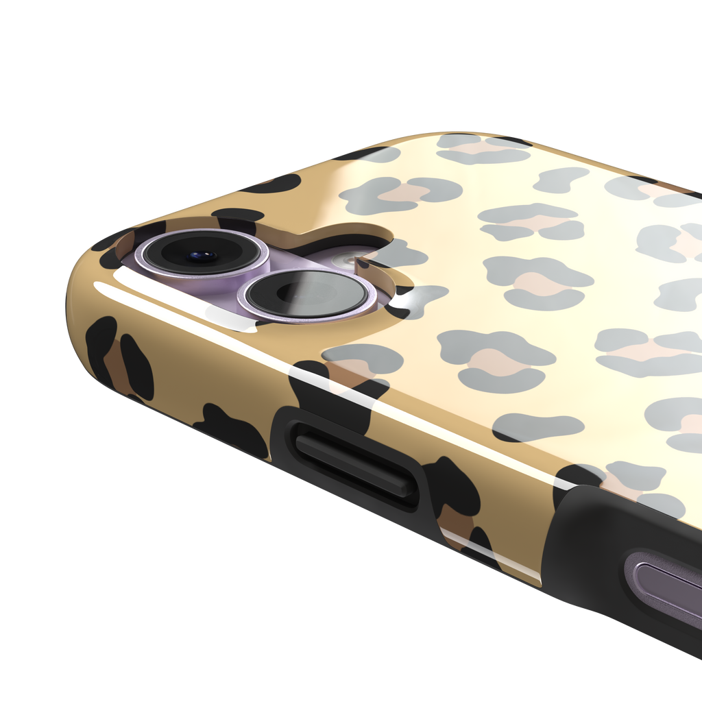 Leopard print phone case in black and brown spots on sandy golden-yellow background, color variant, phone case by Caselier — tough case, volume buttons detail