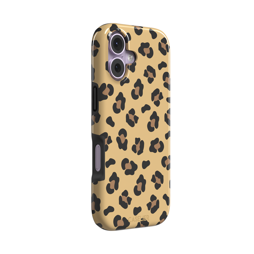 Leopard print phone case in black and brown spots on sandy golden-yellow background, color variant, phone case by Caselier — tough case, left view