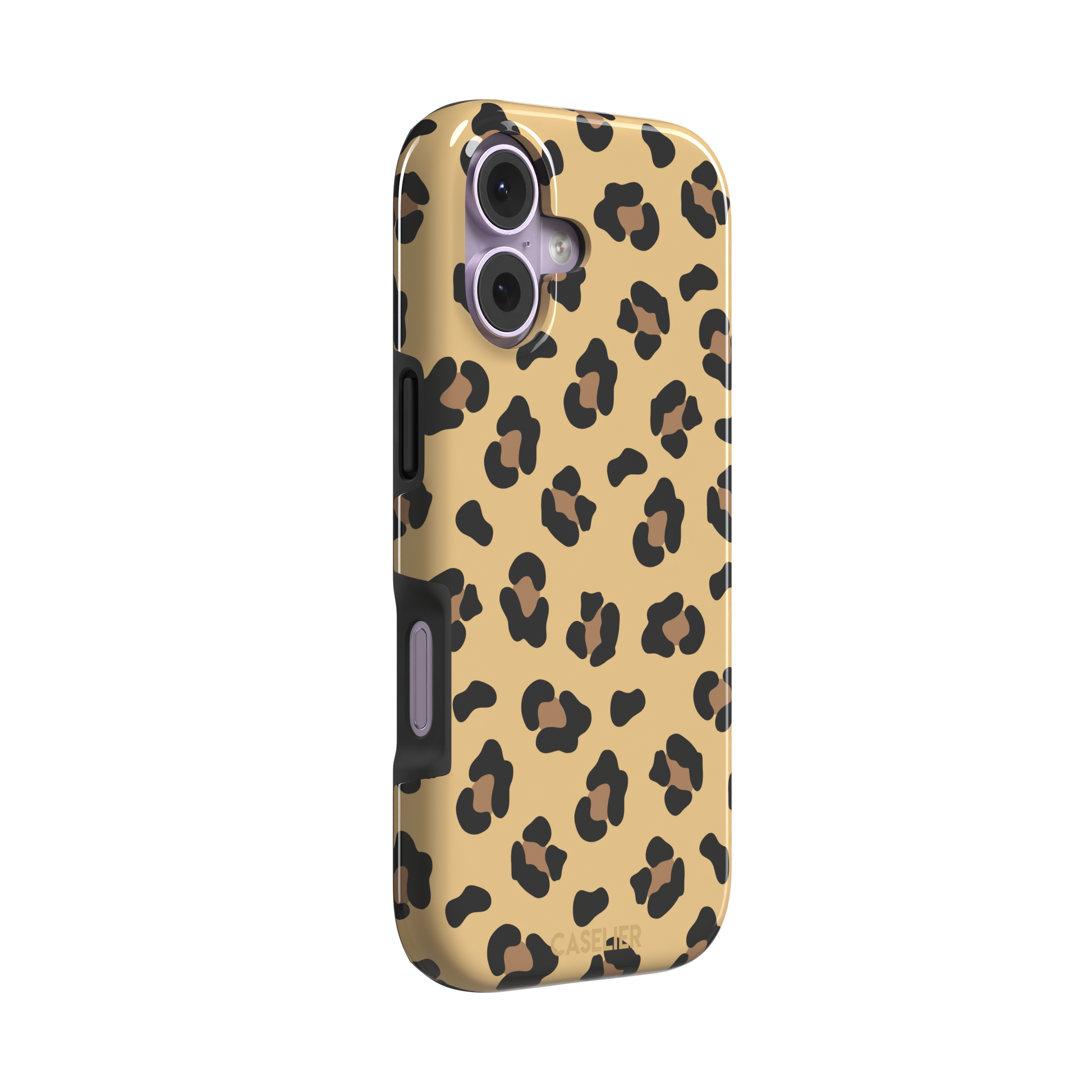 Leopard print phone case in black and brown spots on sandy golden-yellow background, color variant, phone case by Caselier — tough case, left view