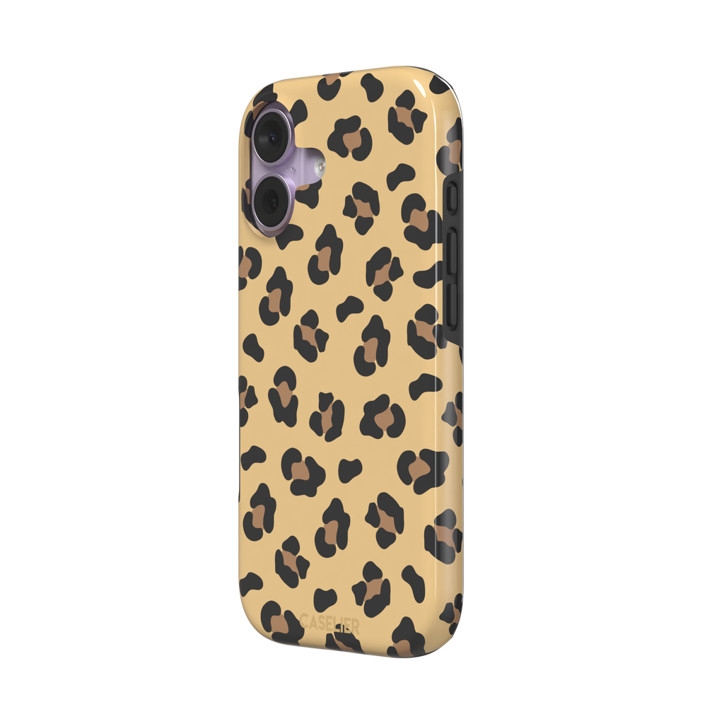 Leopard print phone case in black and brown spots on sandy golden-yellow background, color variant, phone case by Caselier — tough case, right view