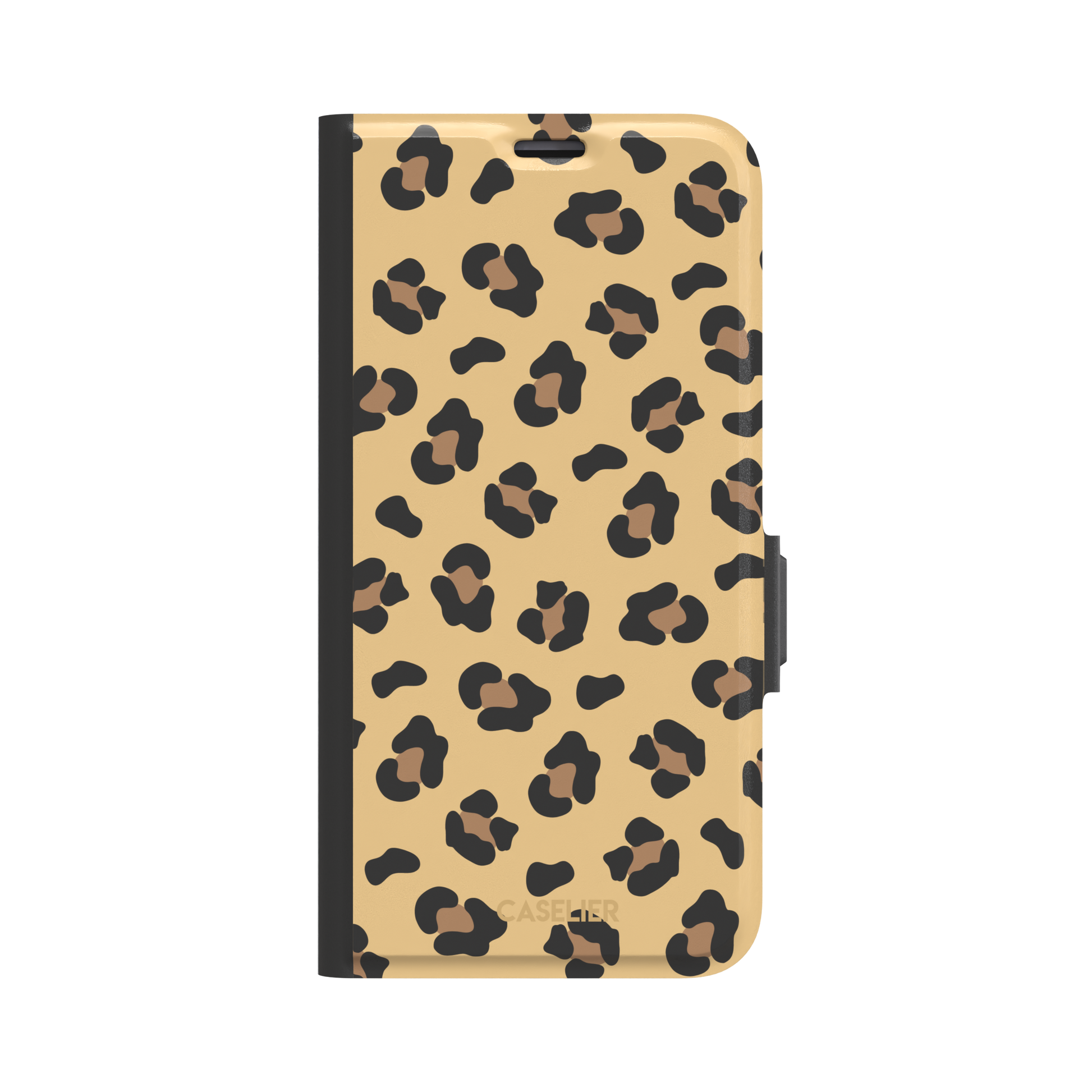 Leopard print phone case in black and brown spots on sandy golden-yellow background, color variant, phone case by Caselier — wallet case, front view