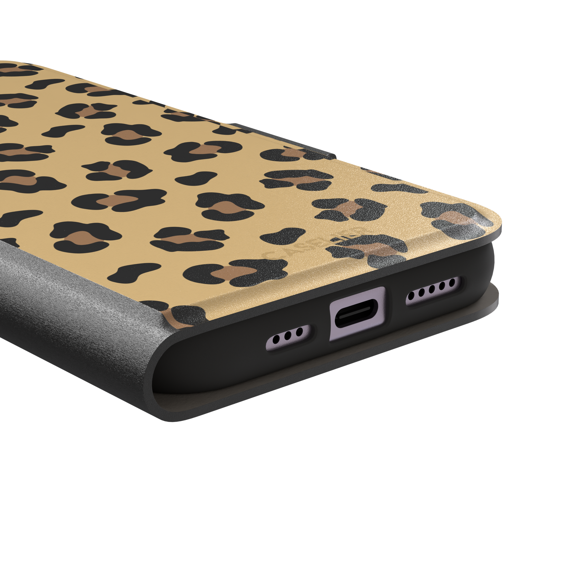 Leopard print phone case in black and brown spots on sandy golden-yellow background, color variant, phone case by Caselier — wallet case, charging port detail