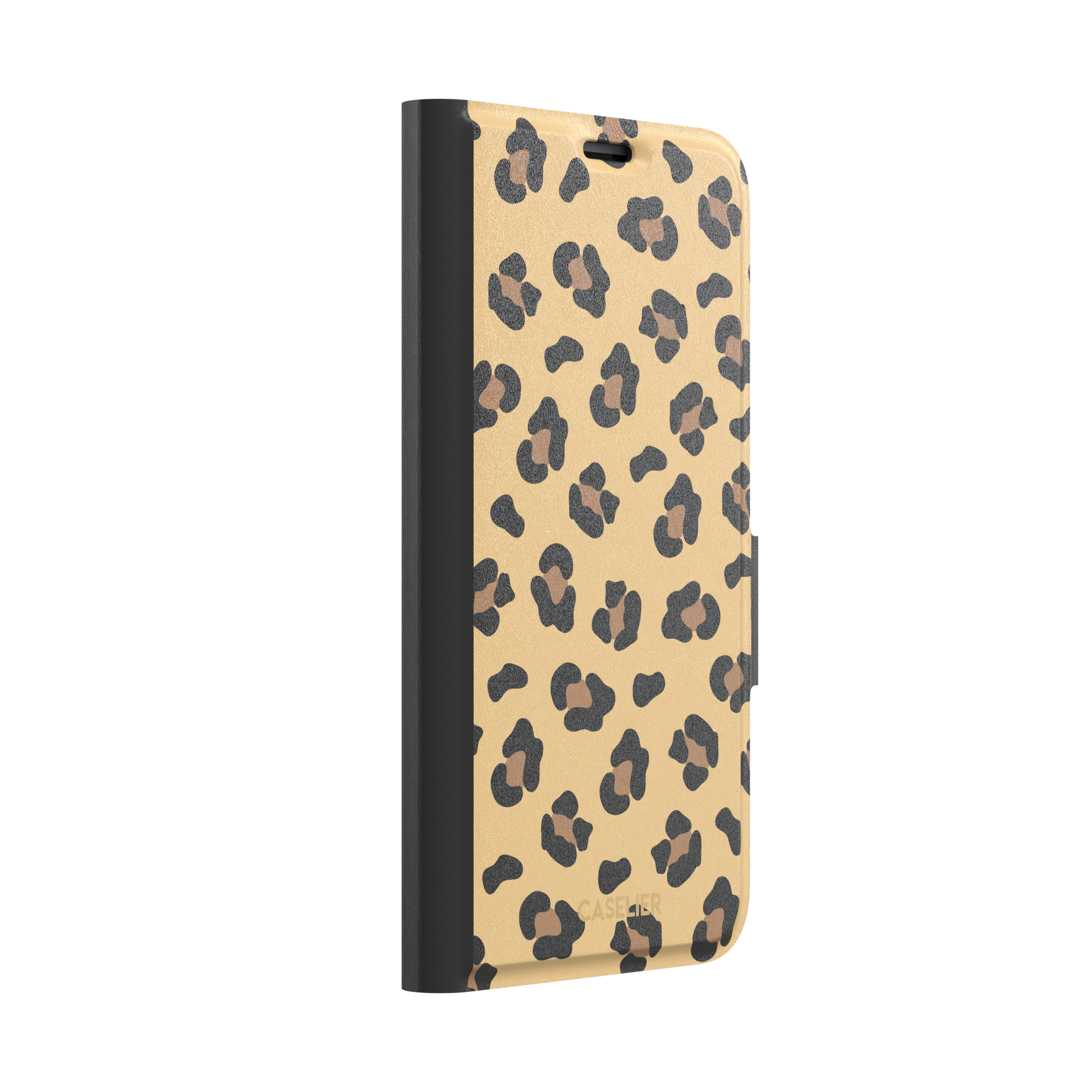Leopard print phone case in black and brown spots on sandy golden-yellow background, color variant, phone case by Caselier — wallet case, left view