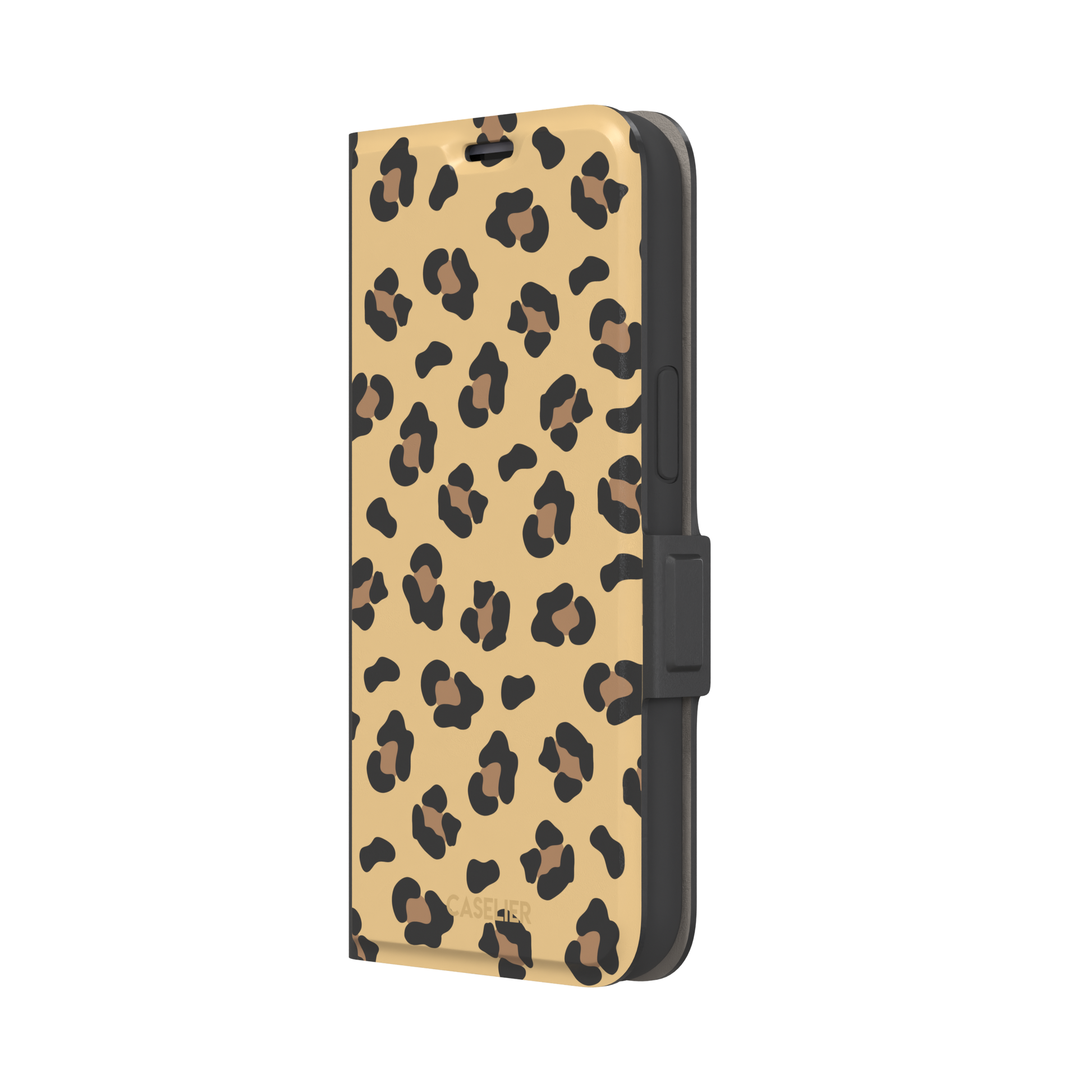 Leopard print phone case in black and brown spots on sandy golden-yellow background, color variant, phone case by Caselier — wallet case, right view
