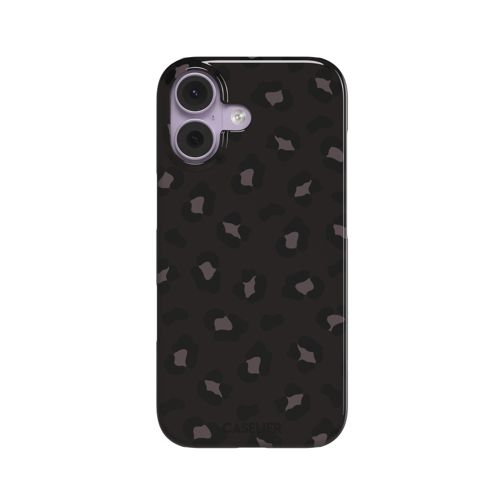 Leopard print phone case in dark charcoal and black tonal spots on near-black background, color variant, phone case by Caselier — snap case, front view