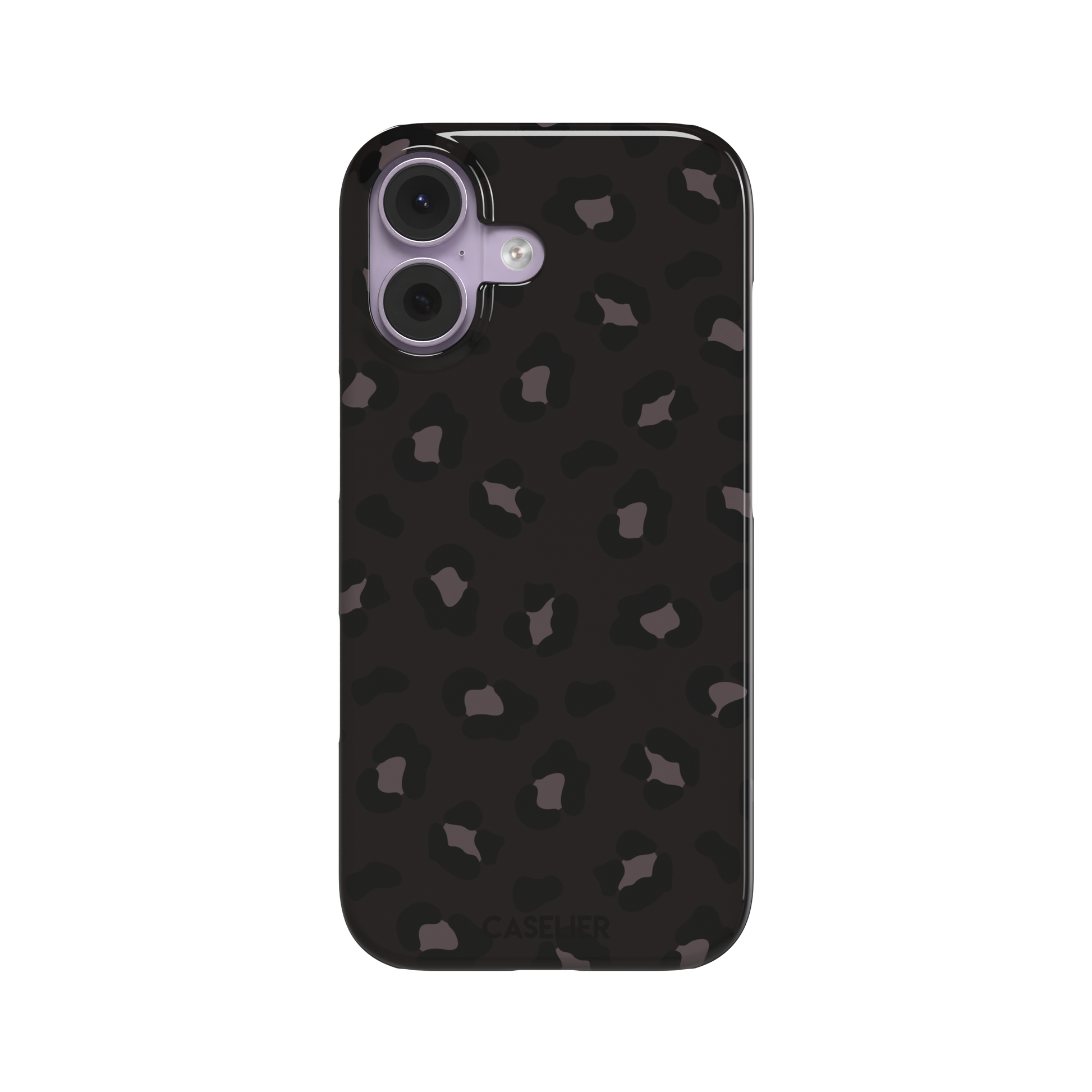 Leopard print phone case in dark charcoal and black tonal spots on near-black background, color variant, phone case by Caselier — snap case, front view