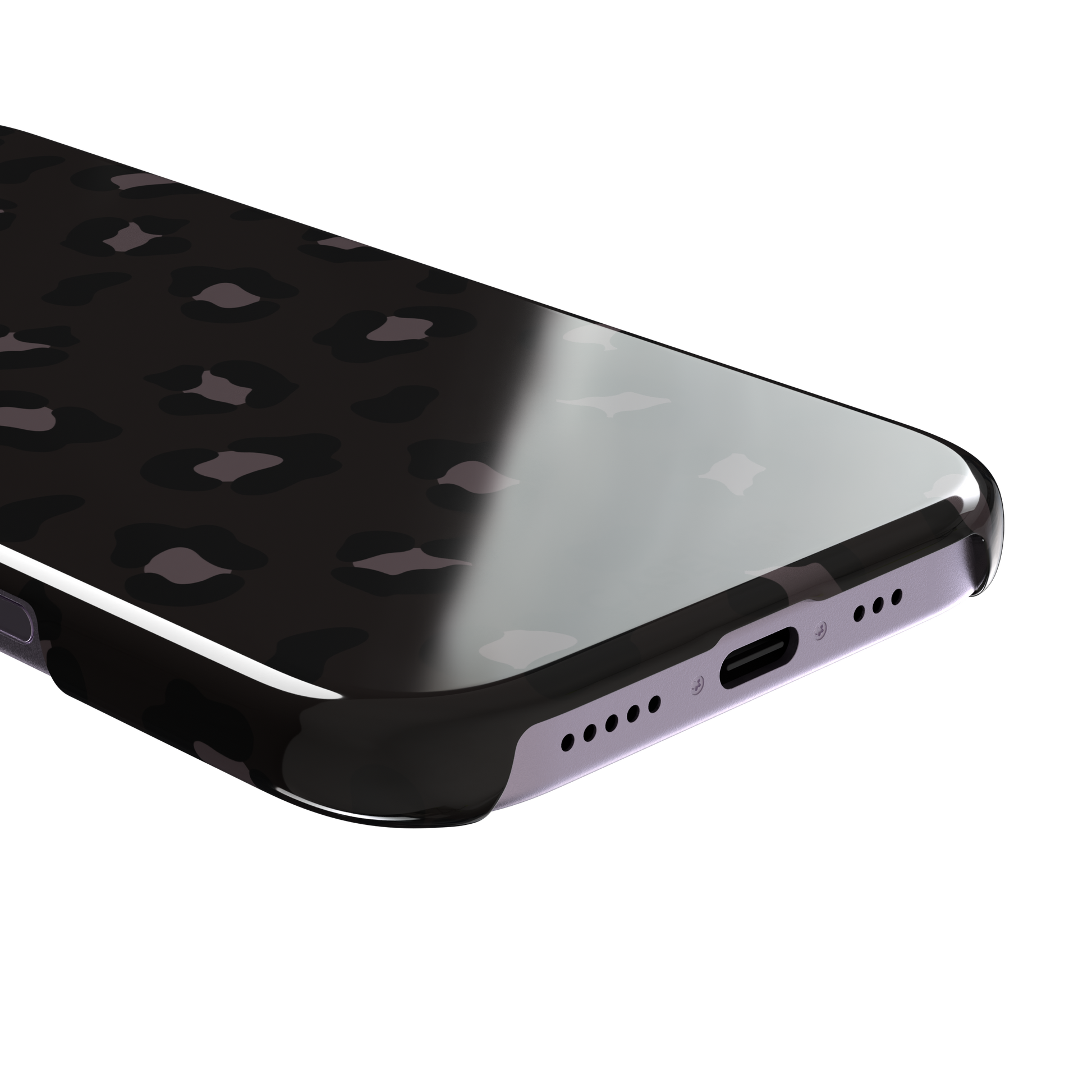 Leopard print phone case in dark charcoal and black tonal spots on near-black background, color variant, phone case by Caselier — snap case, charging port detail