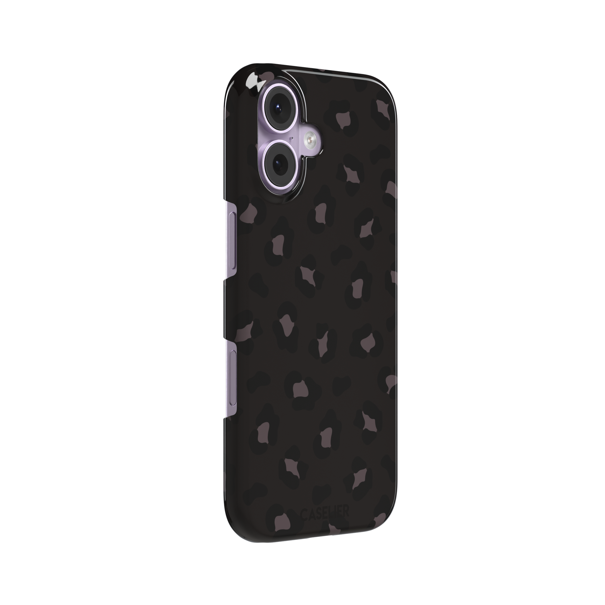 Leopard print phone case in dark charcoal and black tonal spots on near-black background, color variant, phone case by Caselier — snap case, left view