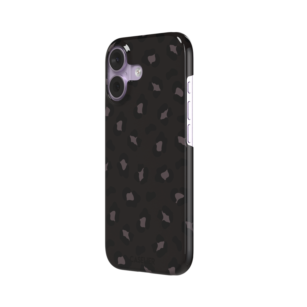 Leopard print phone case in dark charcoal and black tonal spots on near-black background, color variant, phone case by Caselier — snap case, right view