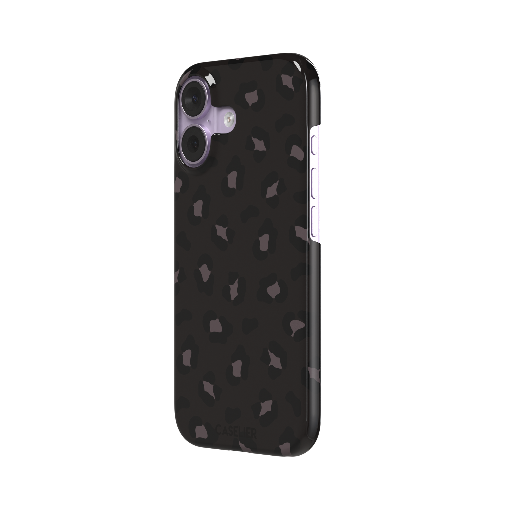 Leopard print phone case in dark charcoal and black tonal spots on near-black background, color variant, phone case by Caselier — snap case, right view