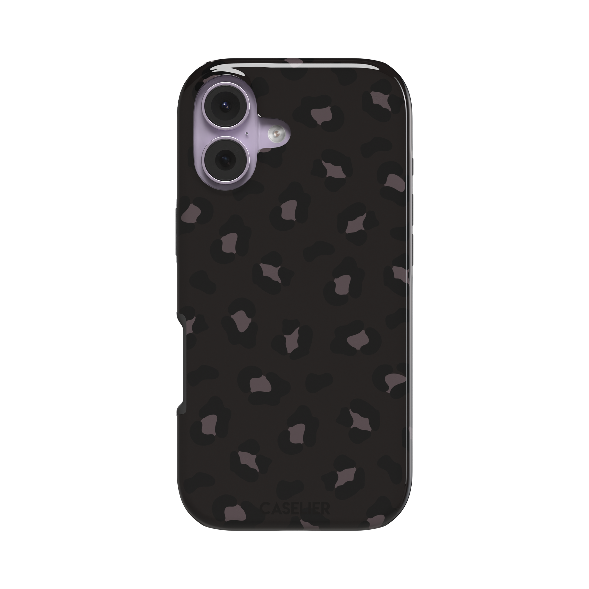Leopard print phone case in dark charcoal and black tonal spots on near-black background, color variant, phone case by Caselier — tough case, front view