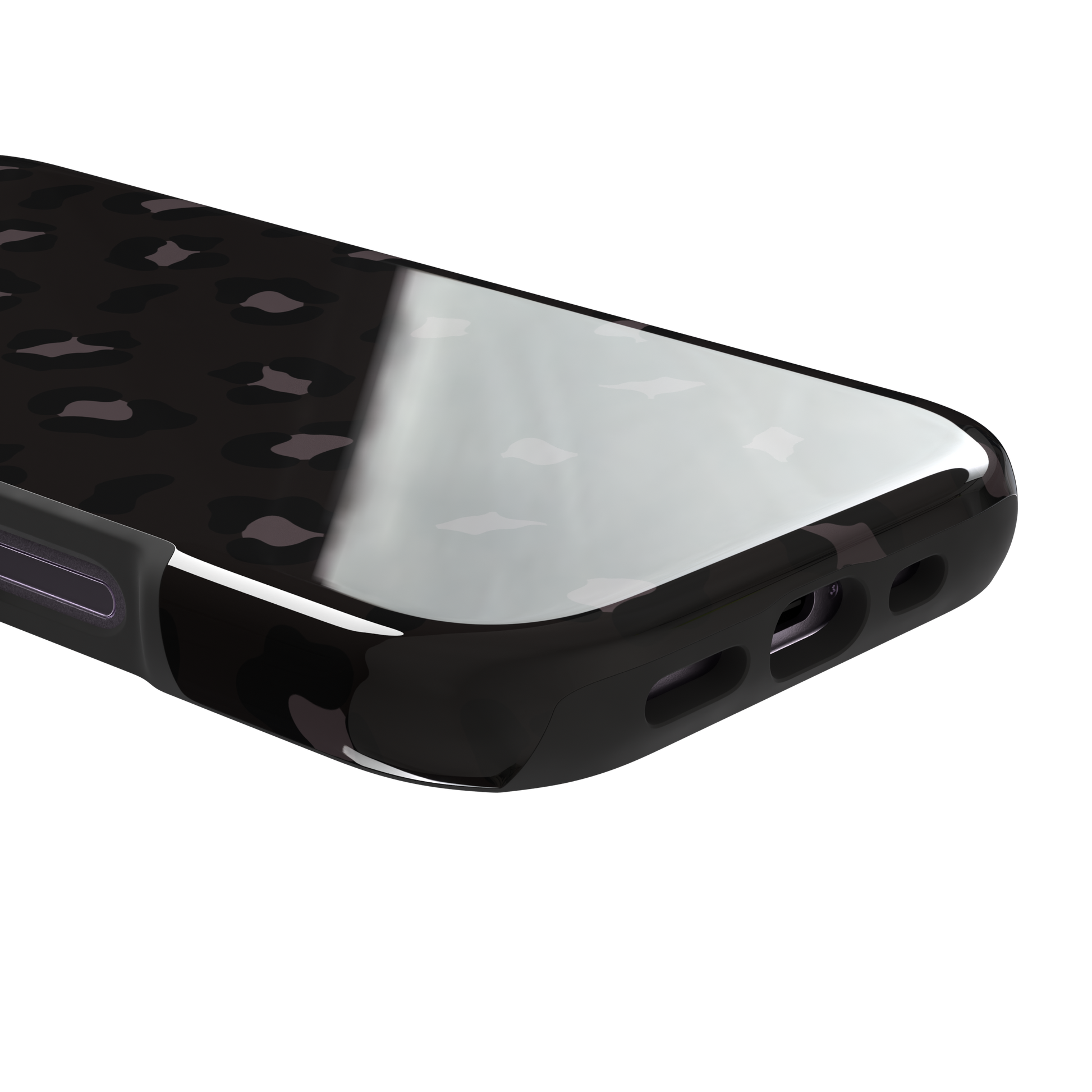 Leopard print phone case in dark charcoal and black tonal spots on near-black background, color variant, phone case by Caselier — tough case, charging port detail