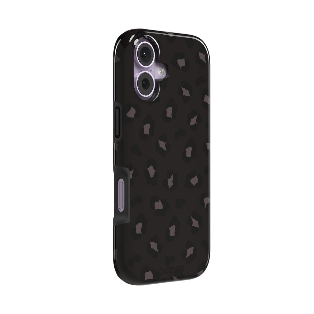 Leopard print phone case in dark charcoal and black tonal spots on near-black background, color variant, phone case by Caselier — tough case, left view
