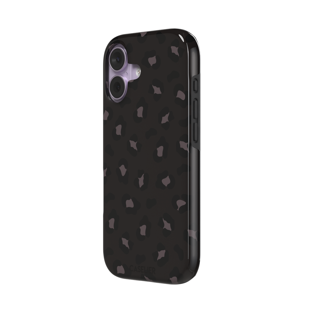 Leopard print phone case in dark charcoal and black tonal spots on near-black background, color variant, phone case by Caselier — tough case, right view