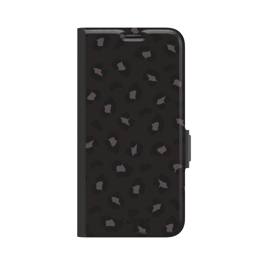 Leopard print phone case in dark charcoal and black tonal spots on near-black background, color variant, phone case by Caselier — wallet case, front view