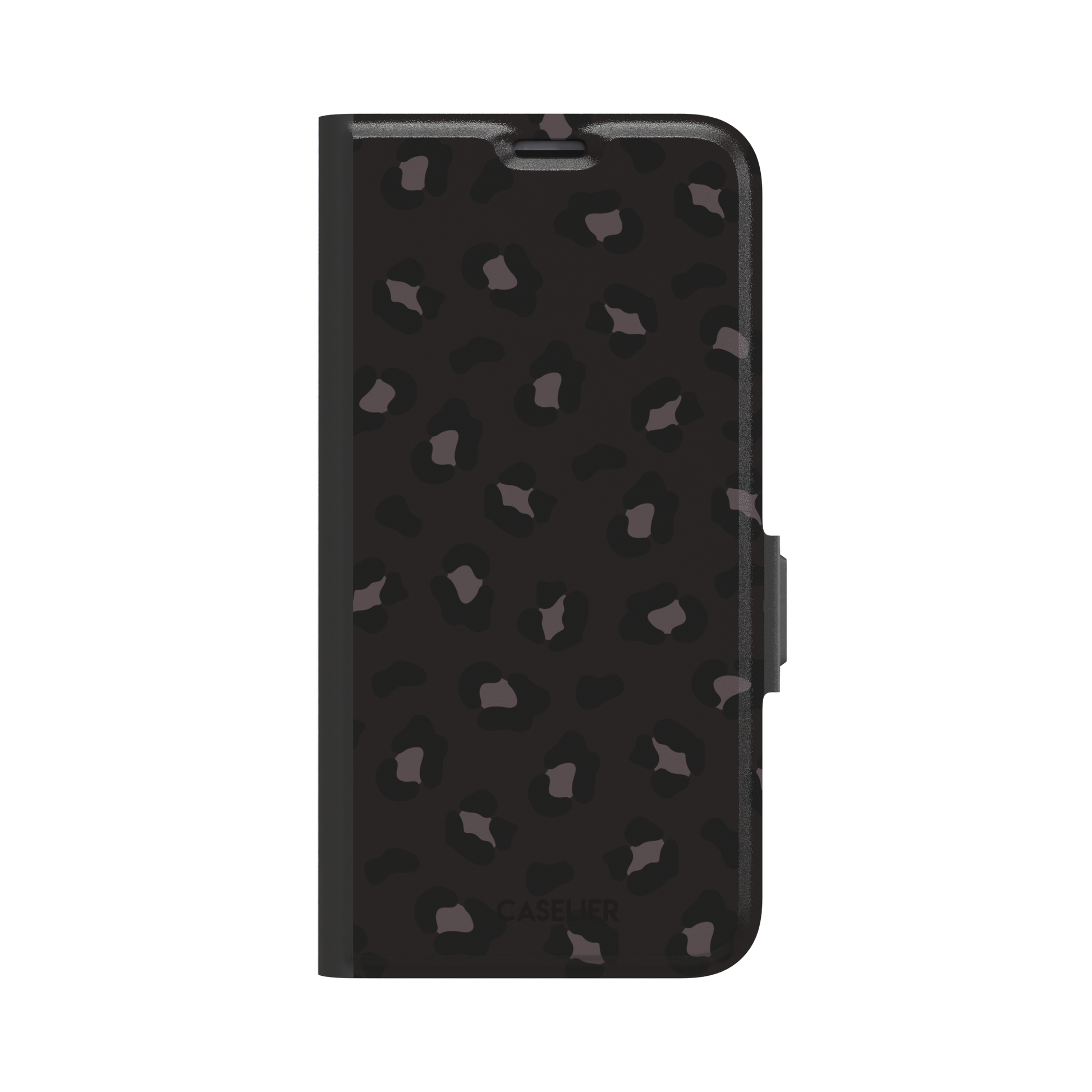 Leopard print phone case in dark charcoal and black tonal spots on near-black background, color variant, phone case by Caselier — wallet case, front view