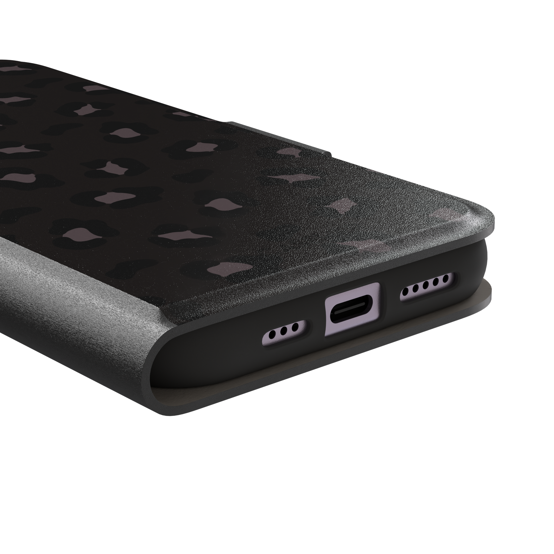 Leopard print phone case in dark charcoal and black tonal spots on near-black background, color variant, phone case by Caselier — wallet case, charging port detail