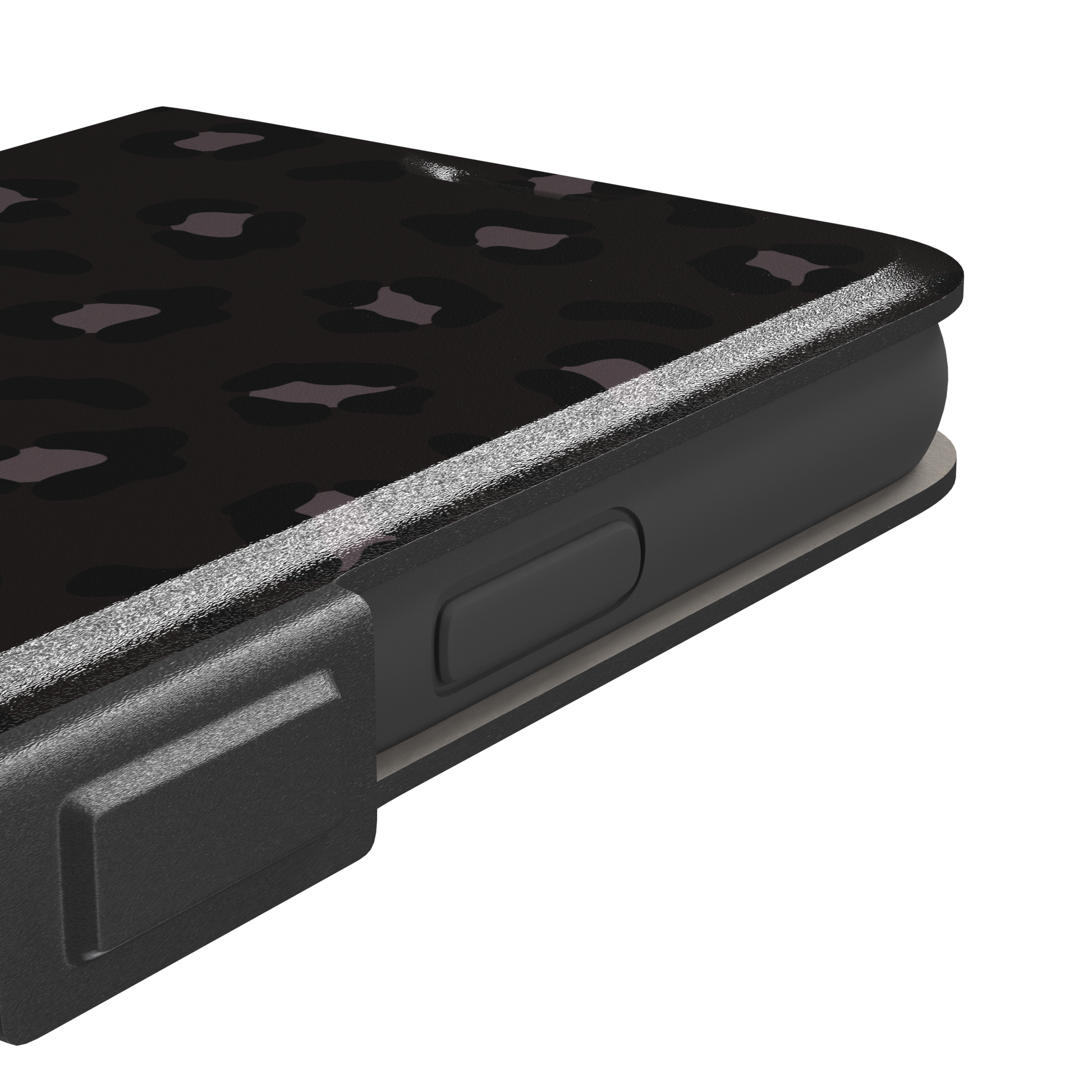 Leopard print phone case in dark charcoal and black tonal spots on near-black background, color variant, phone case by Caselier — wallet case, volume buttons detail
