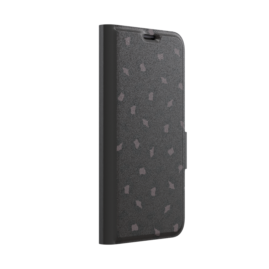 Leopard print phone case in dark charcoal and black tonal spots on near-black background, color variant, phone case by Caselier — wallet case, left view