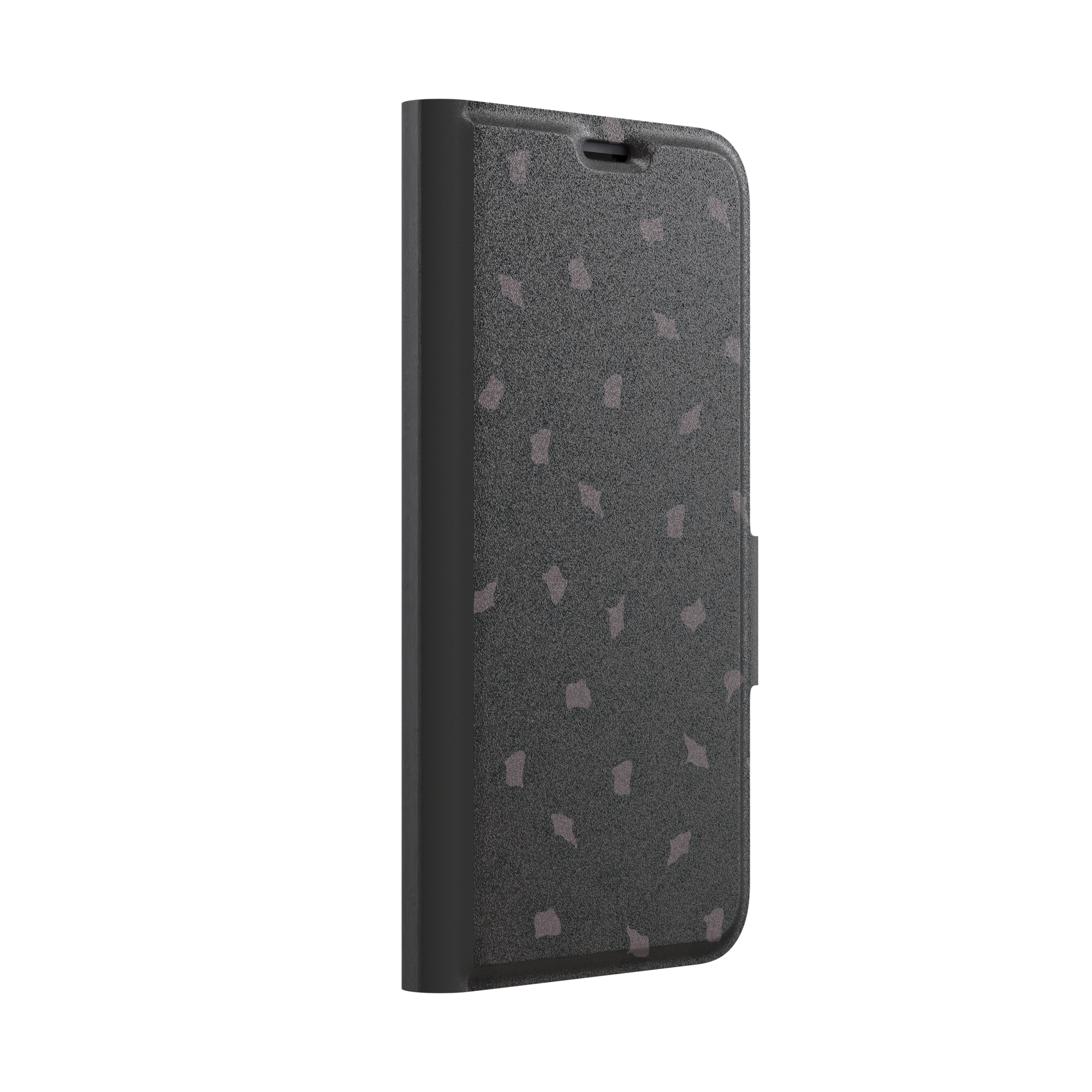 Leopard print phone case in dark charcoal and black tonal spots on near-black background, color variant, phone case by Caselier — wallet case, left view
