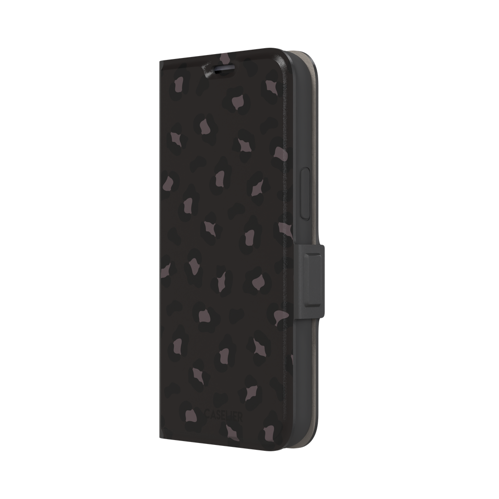 Leopard print phone case in dark charcoal and black tonal spots on near-black background, color variant, phone case by Caselier — wallet case, right view