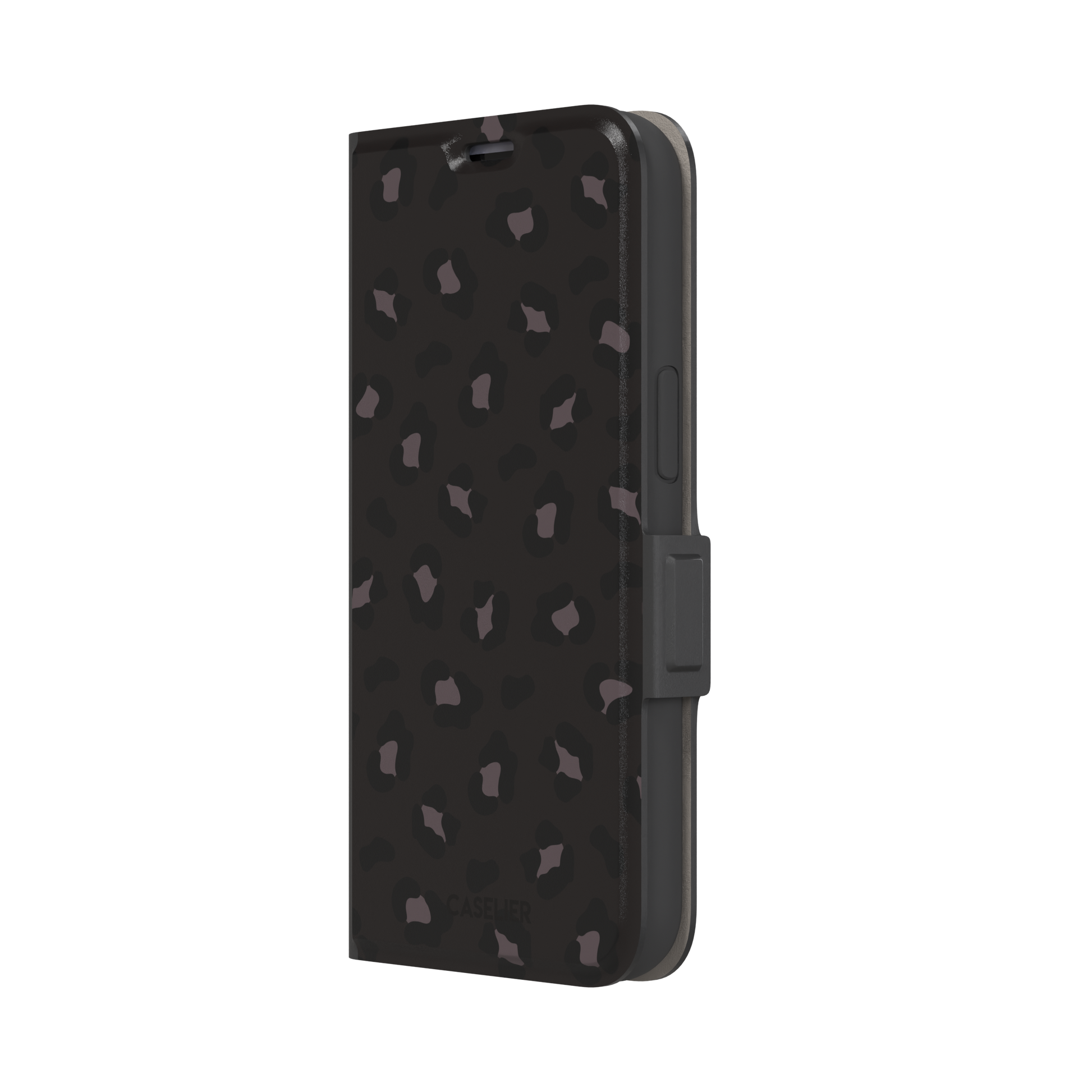 Leopard print phone case in dark charcoal and black tonal spots on near-black background, color variant, phone case by Caselier — wallet case, right view