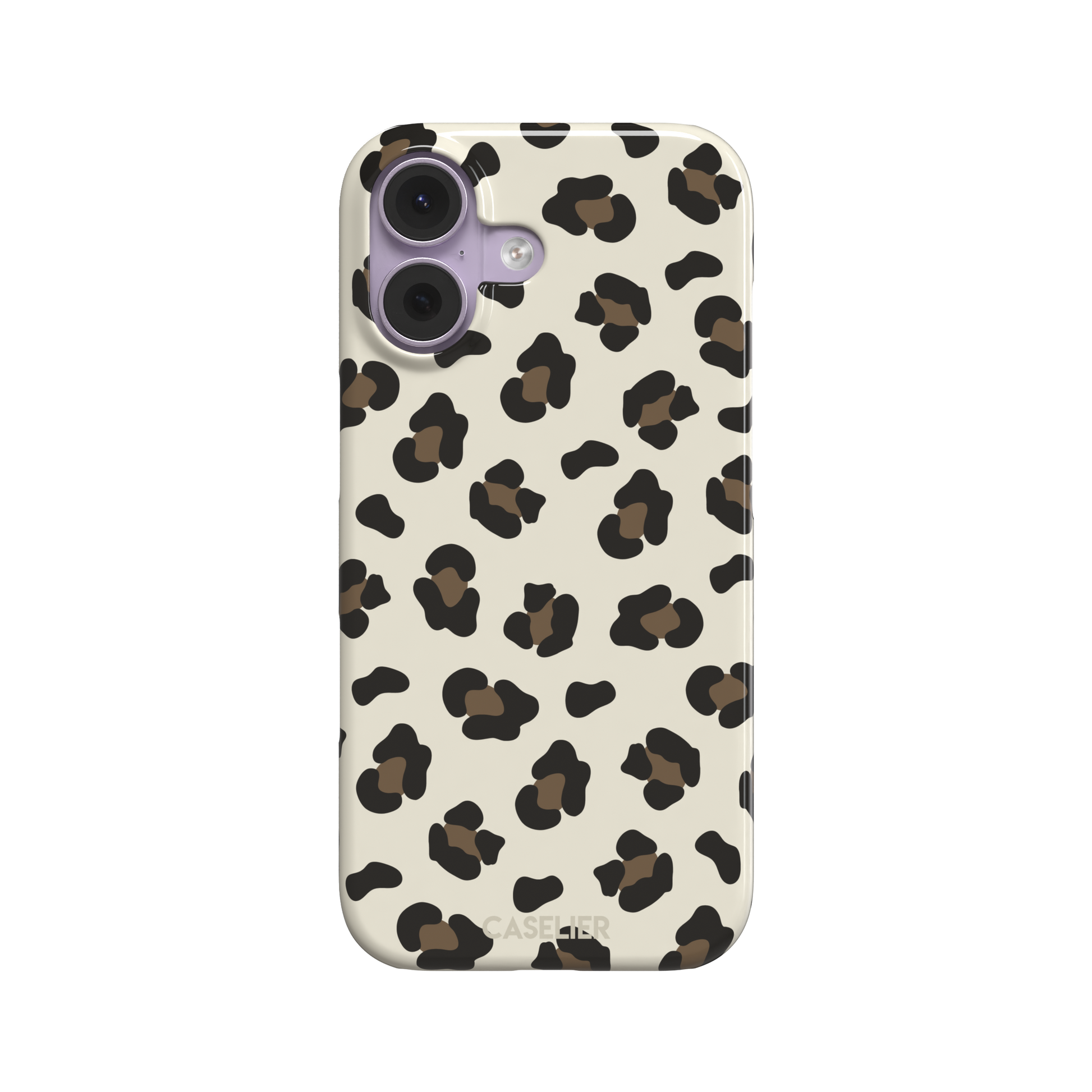 Leopard print phone case in black and medium brown spots on light beige background, color variant, phone case by Caselier — snap case, front view