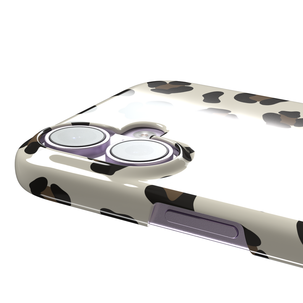 Leopard print phone case in black and medium brown spots on light beige background, color variant, phone case by Caselier — snap case, volume buttons detail