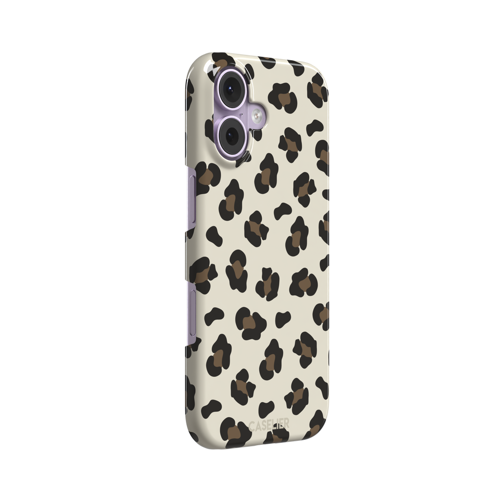 Leopard print phone case in black and medium brown spots on light beige background, color variant, phone case by Caselier — snap case, left view