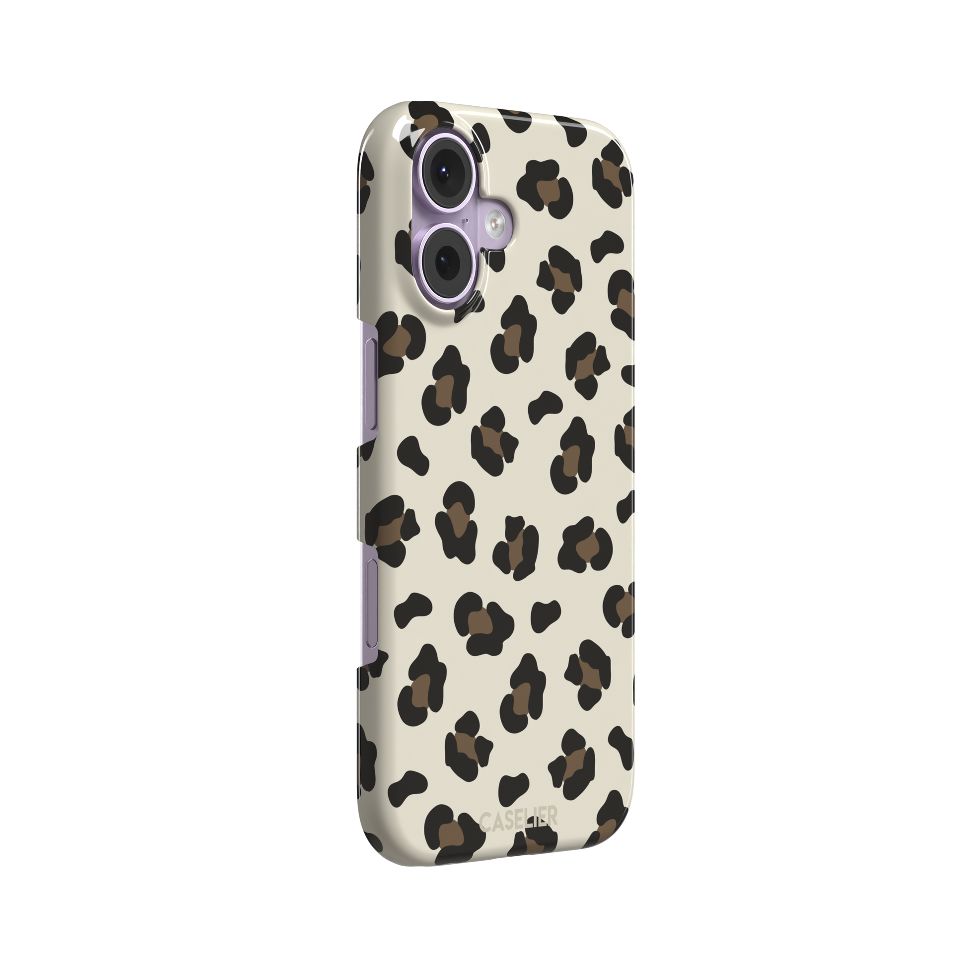 Leopard print phone case in black and medium brown spots on light beige background, color variant, phone case by Caselier — snap case, left view