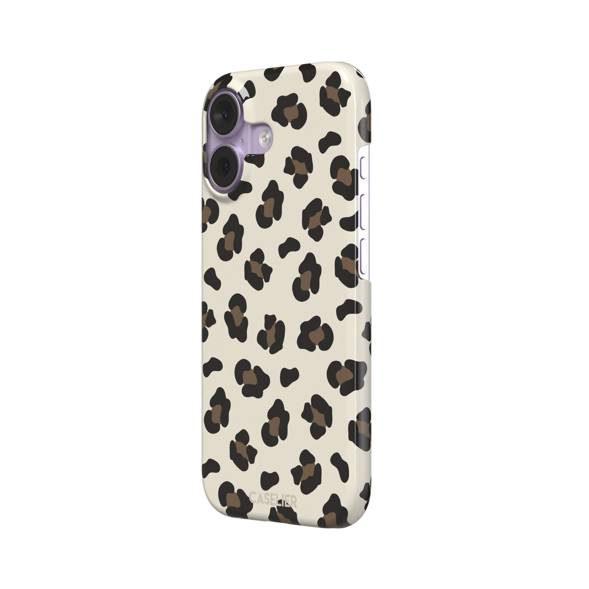 Leopard print phone case in black and medium brown spots on light beige background, color variant, phone case by Caselier — snap case, right view