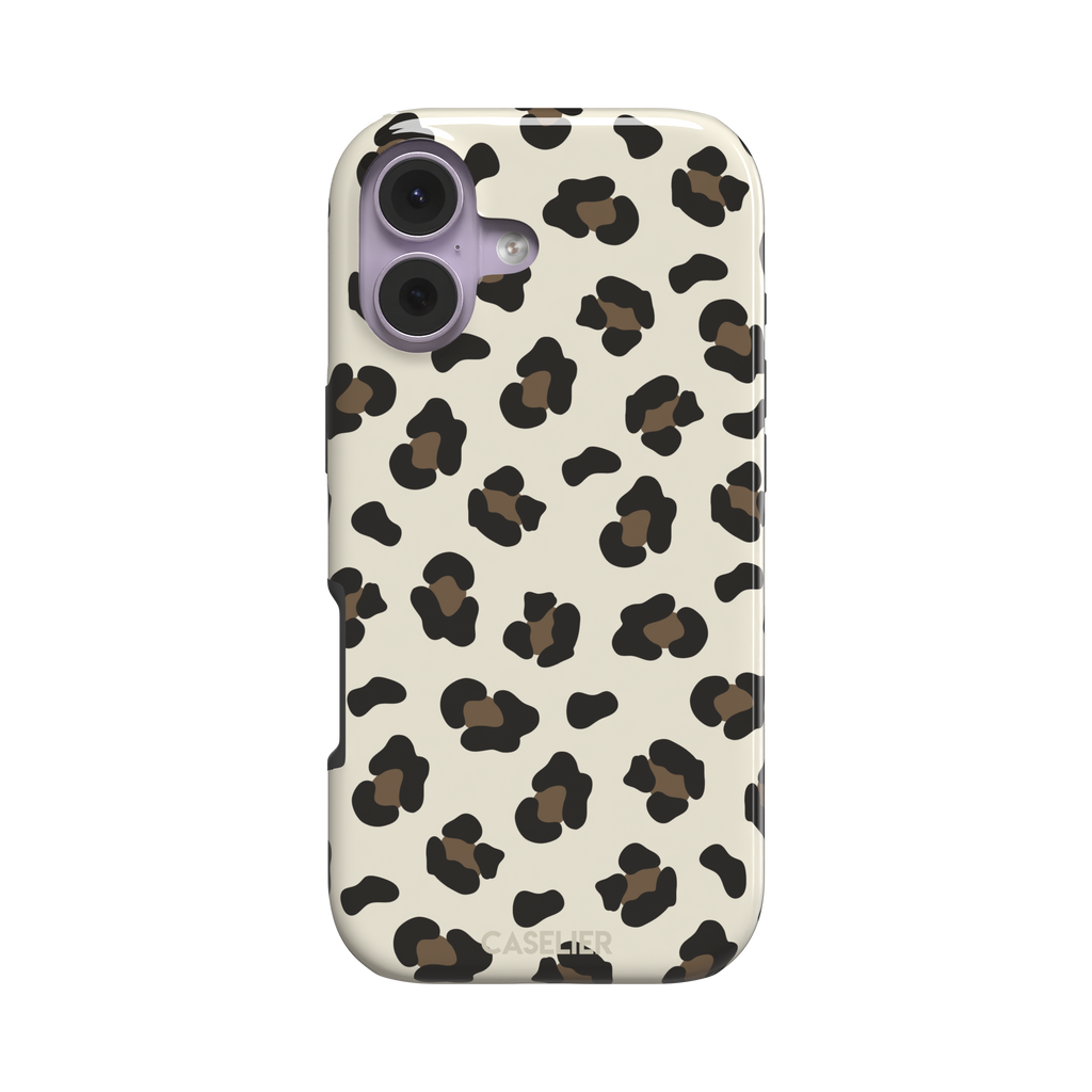 Leopard print phone case in black and medium brown spots on light beige background, color variant, phone case by Caselier — tough case, front view