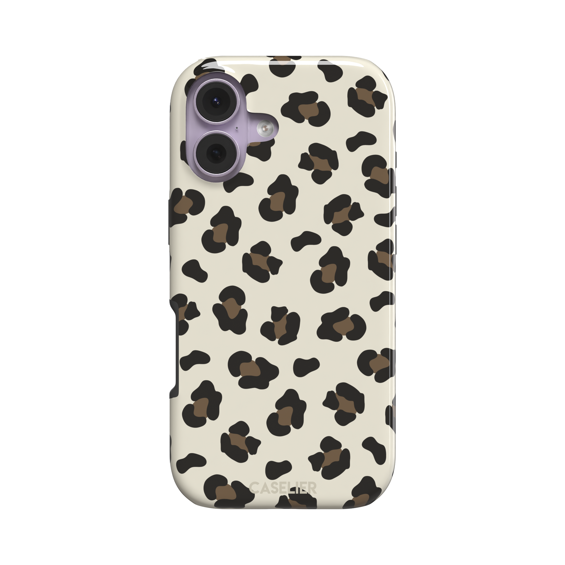 Leopard print phone case in black and medium brown spots on light beige background, color variant, phone case by Caselier — tough case, front view