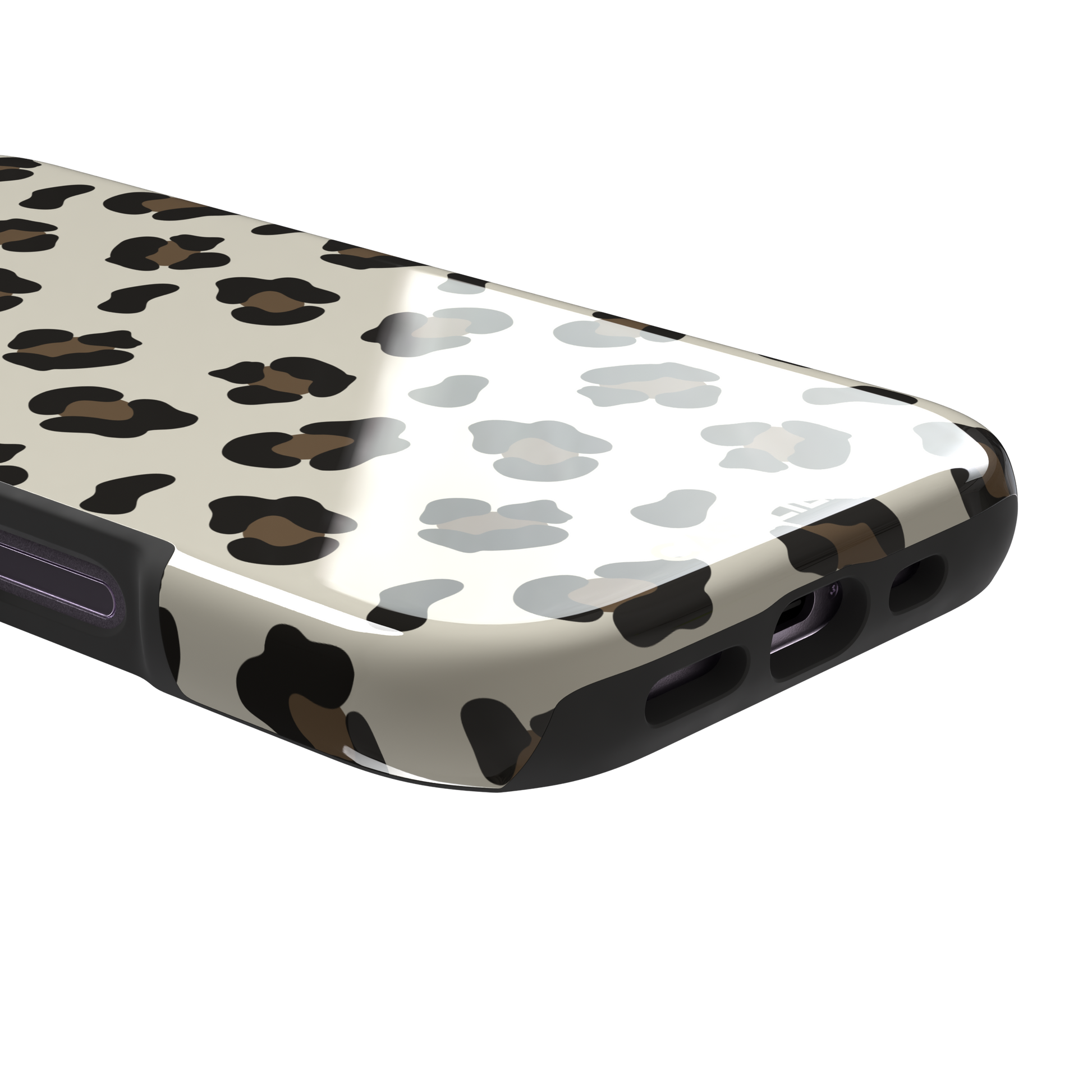 Leopard print phone case in black and medium brown spots on light beige background, color variant, phone case by Caselier — tough case, charging port detail