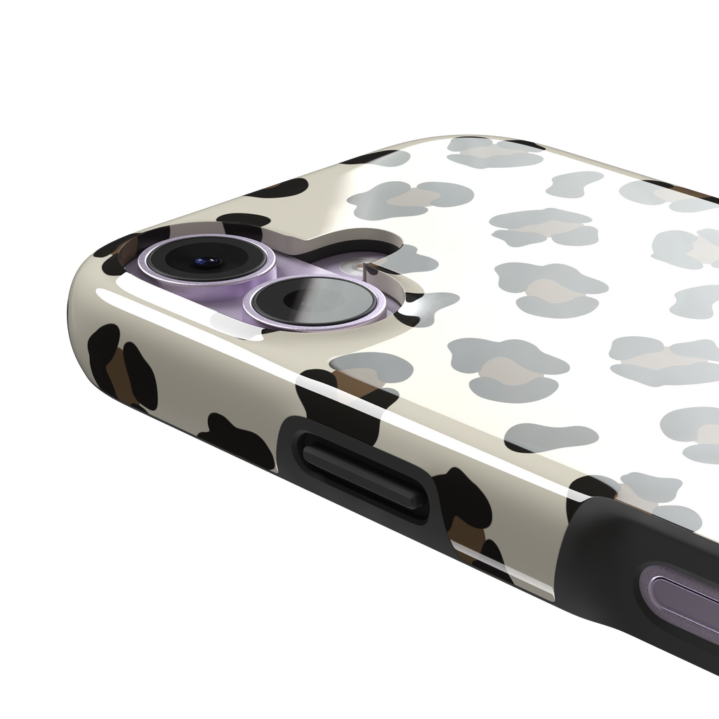 Leopard print phone case in black and medium brown spots on light beige background, color variant, phone case by Caselier — tough case, volume buttons detail