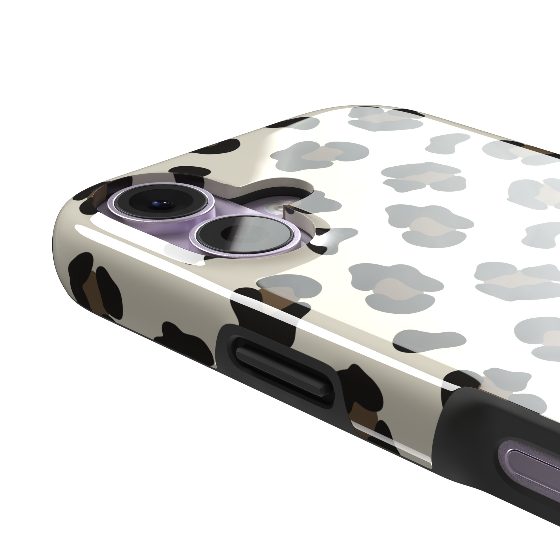 Leopard print phone case in black and medium brown spots on light beige background, color variant, phone case by Caselier — tough case, volume buttons detail